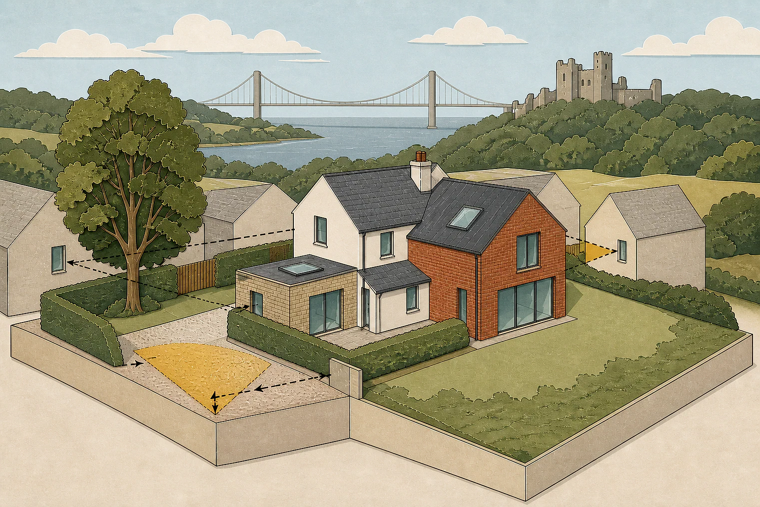 Cut-paper planning illustration for Forest of Dean, showing extensions, neighbours, access and open land near simplified local landmarks.