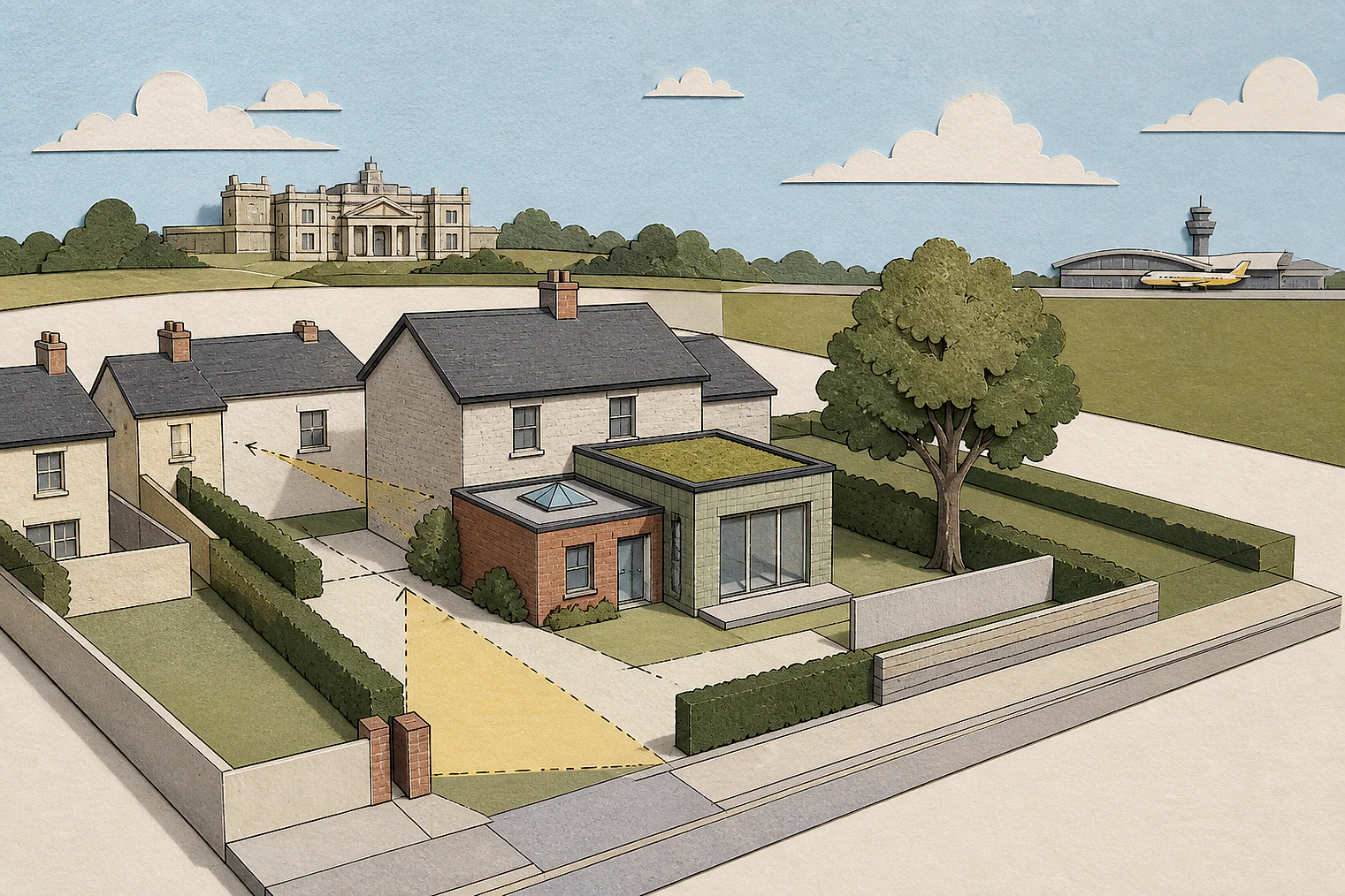 Cut-paper planning illustration for Fylde, showing extensions, neighbours, access and open land near simplified local landmarks.