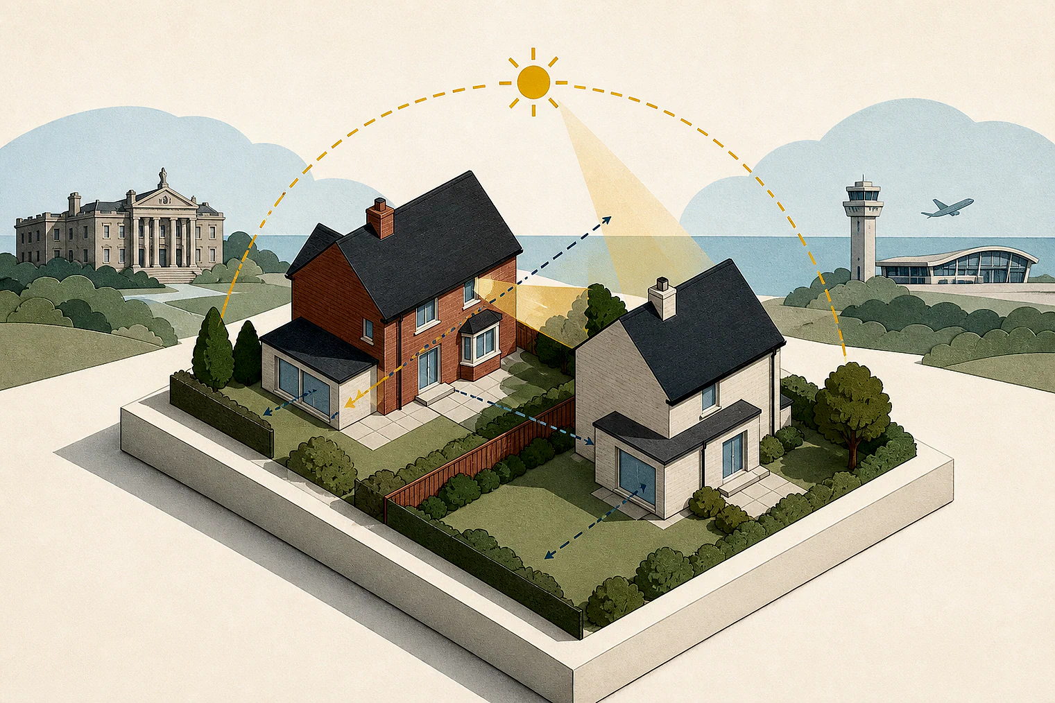 Cut-paper illustration of an imaginary privacy, daylight and neighbour living conditions planning issue in Fylde, with simplified local landmarks.