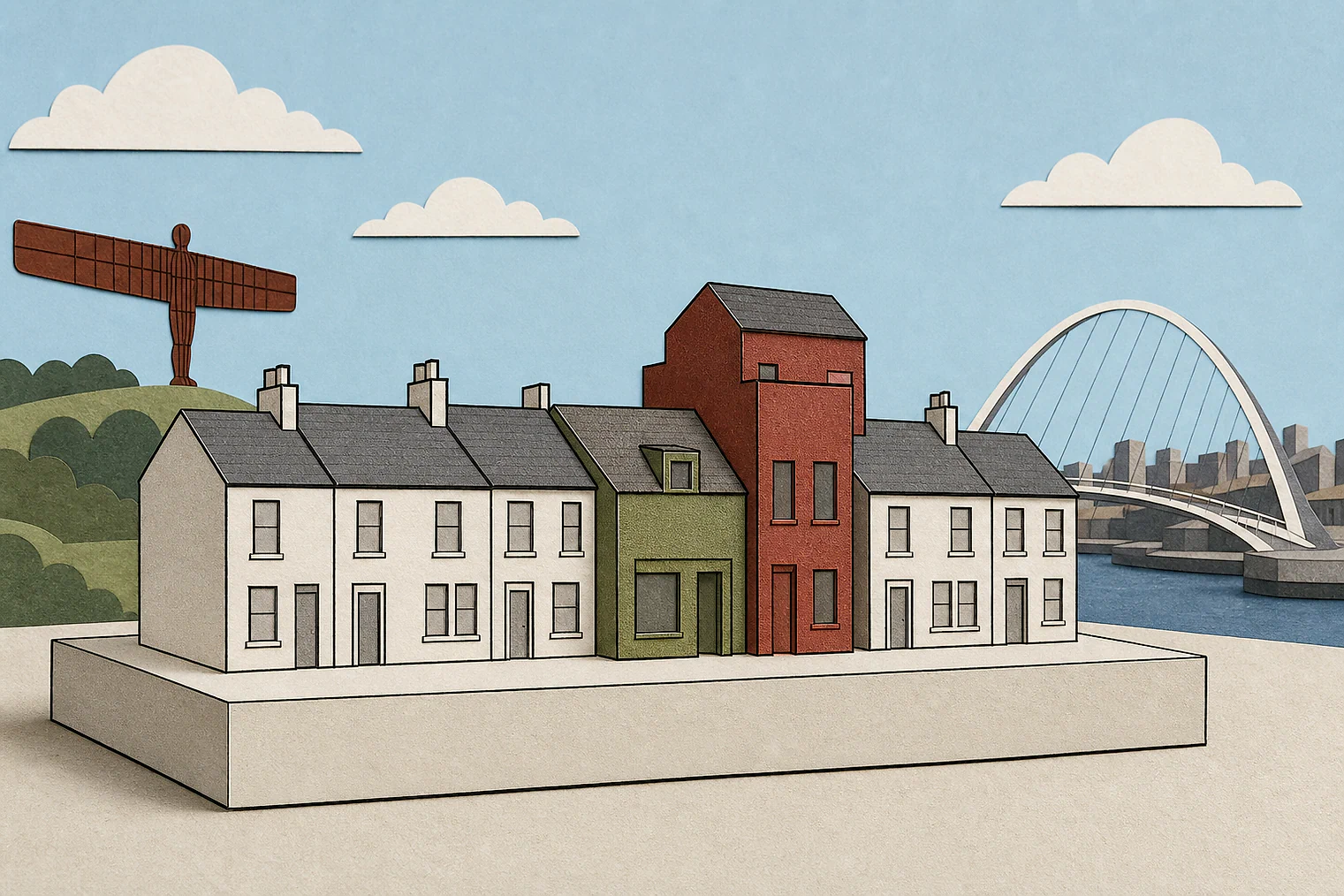 Cut-paper illustration of an imaginary character, scale and appearance planning issue in Gateshead Metropolitan, with simplified local landmarks.