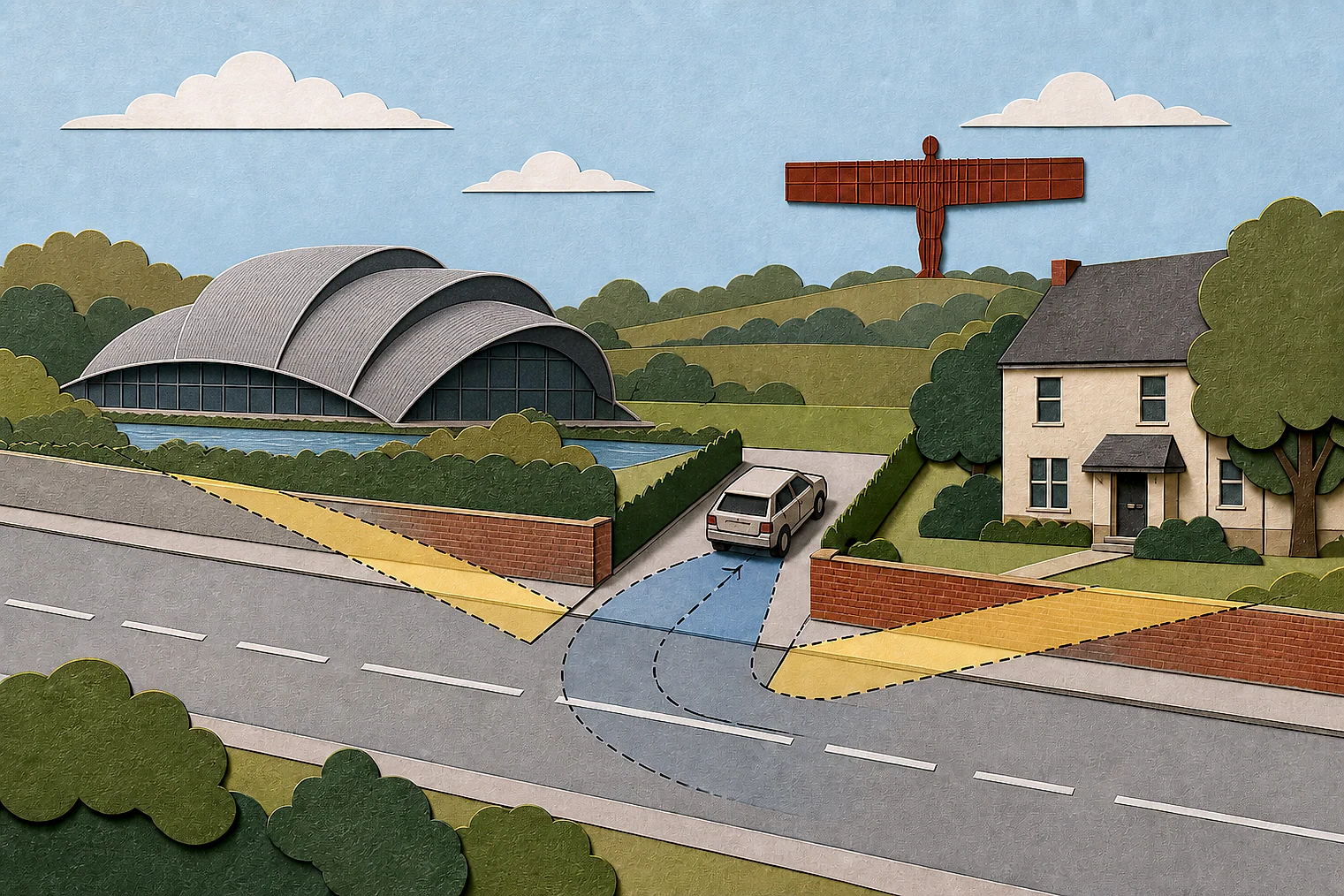Cut-paper illustration of an imaginary access, visibility and highway safety planning issue in Gateshead Metropolitan, with simplified local landmarks.