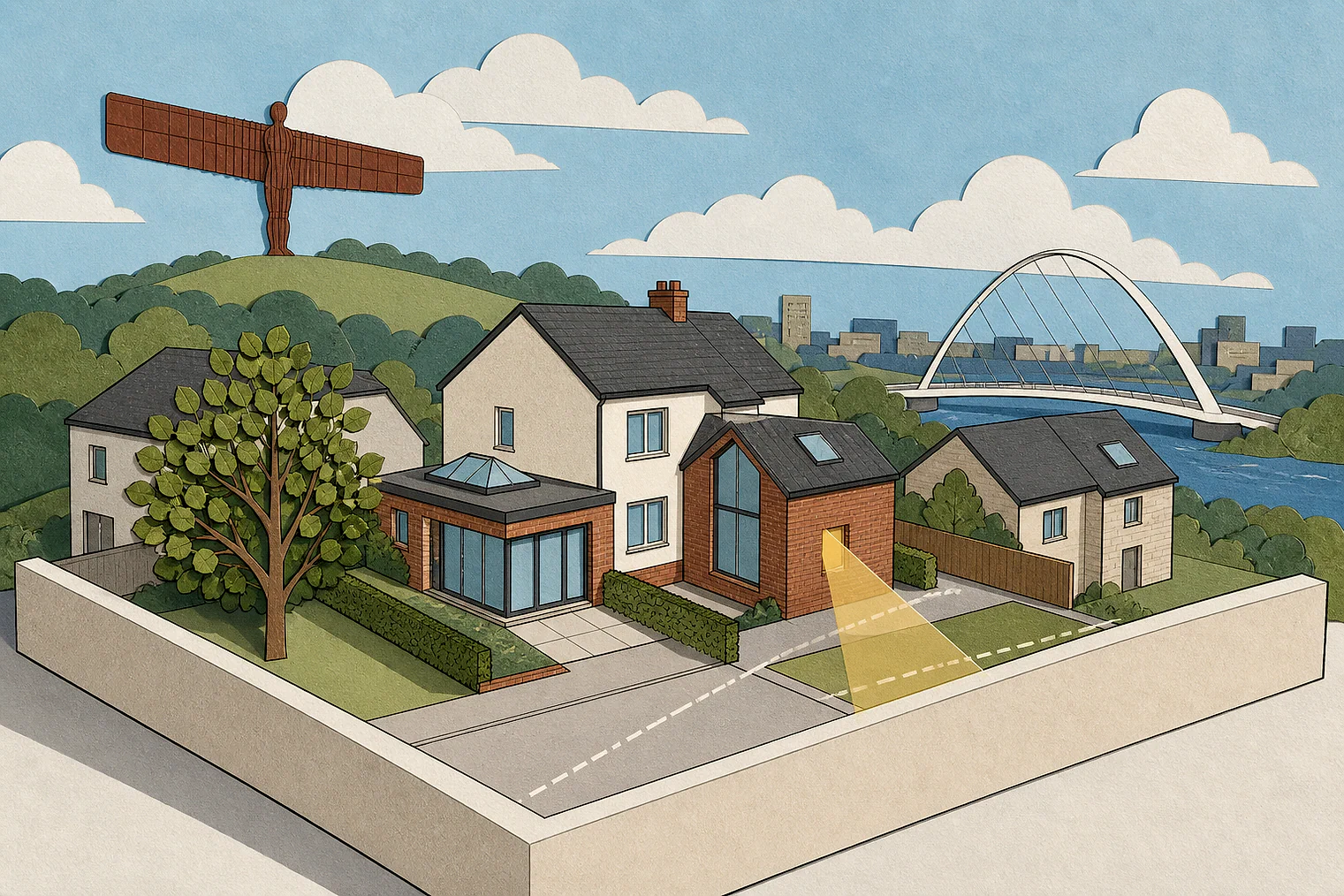 Cut-paper planning illustration for Gateshead Metropolitan, showing extensions, neighbours, access and open land near simplified local landmarks.