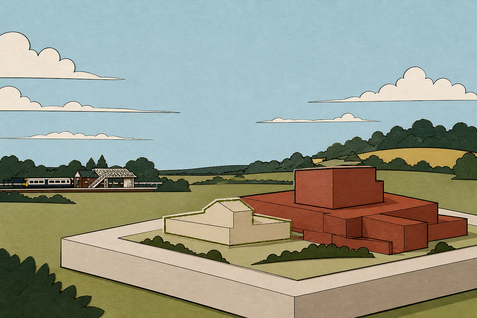 Cut-paper illustration of an imaginary building scale and Green Belt openness planning issue in Gedling, with simplified local landmarks.