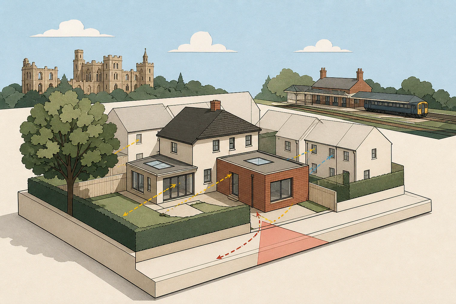 Cut-paper planning illustration for Gedling, showing extensions, neighbours, access and open land near simplified local landmarks.