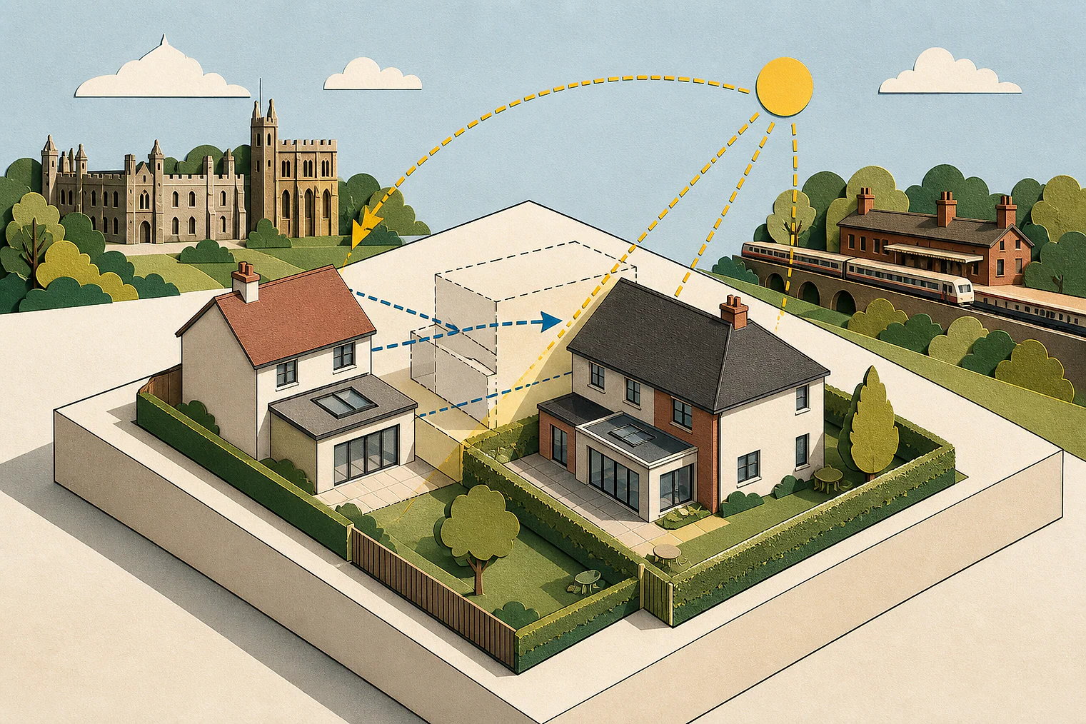 Cut-paper illustration of an imaginary privacy, daylight and neighbour living conditions planning issue in Gedling, with simplified local landmarks.