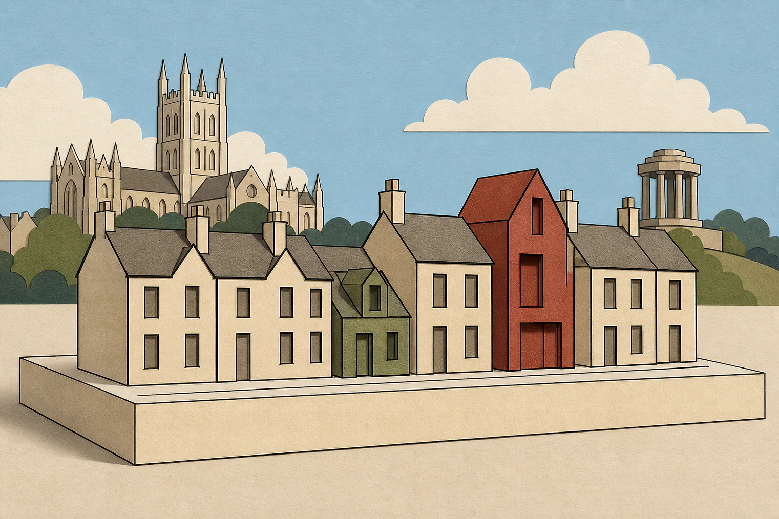 Cut-paper illustration of an imaginary character, scale and appearance planning issue in Gloucester, with simplified local landmarks.