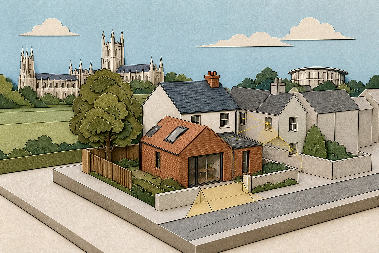 Cut-paper planning illustration for Gloucester, showing extensions, neighbours, access and open land near simplified local landmarks.