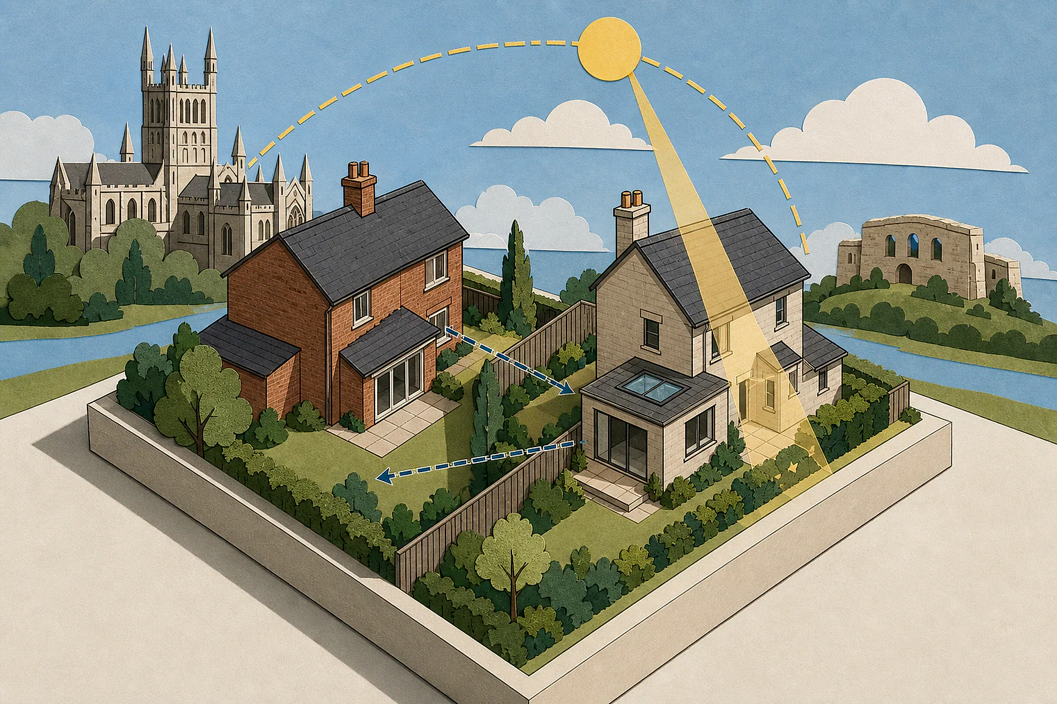 Cut-paper illustration of an imaginary privacy, daylight and neighbour living conditions planning issue in Gloucester, with simplified local landmarks.