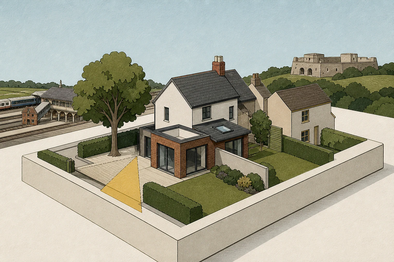 Cut-paper planning illustration for Gosport, showing extensions, neighbours, access and open land near simplified local landmarks.