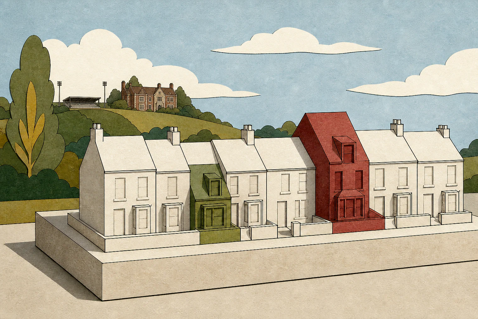 Cut-paper illustration of an imaginary character, scale and appearance planning issue in Gravesham, with simplified local landmarks.