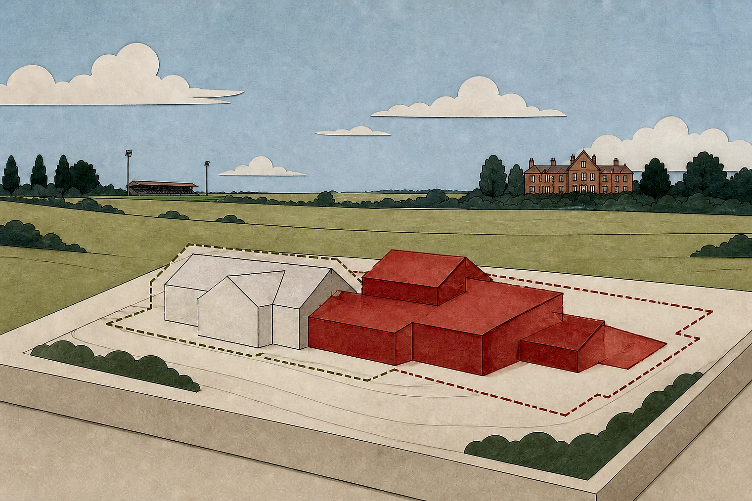 Cut-paper illustration of an imaginary building scale and Green Belt openness planning issue in Gravesham, with simplified local landmarks.