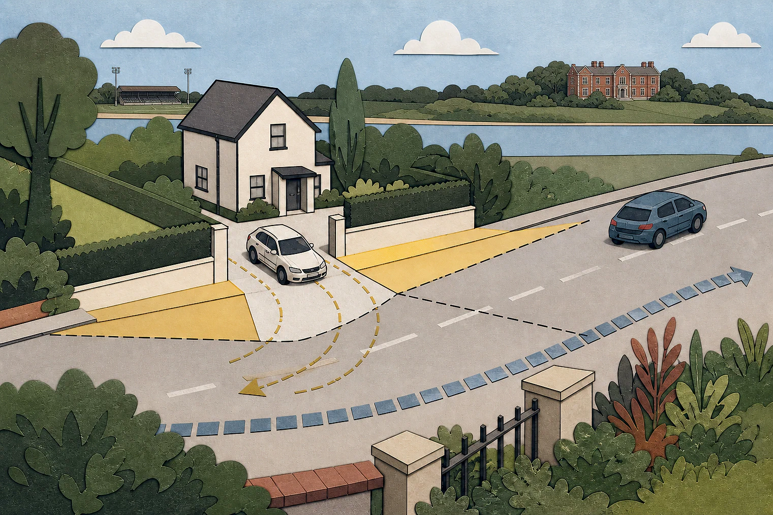 Cut-paper illustration of an imaginary access, visibility and highway safety planning issue in Gravesham, with simplified local landmarks.