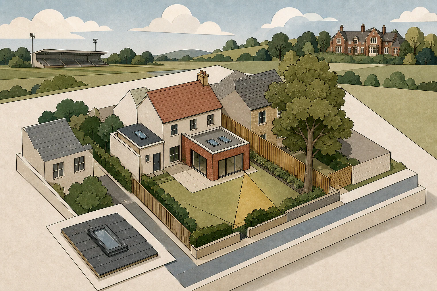 Cut-paper planning illustration for Gravesham, showing extensions, neighbours, access and open land near simplified local landmarks.