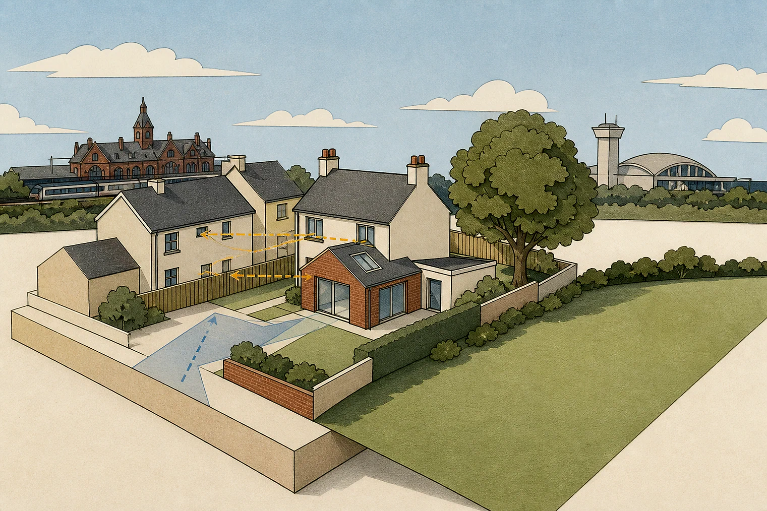 Cut-paper planning illustration for Great Yarmouth, showing extensions, neighbours, access and open land near simplified local landmarks.