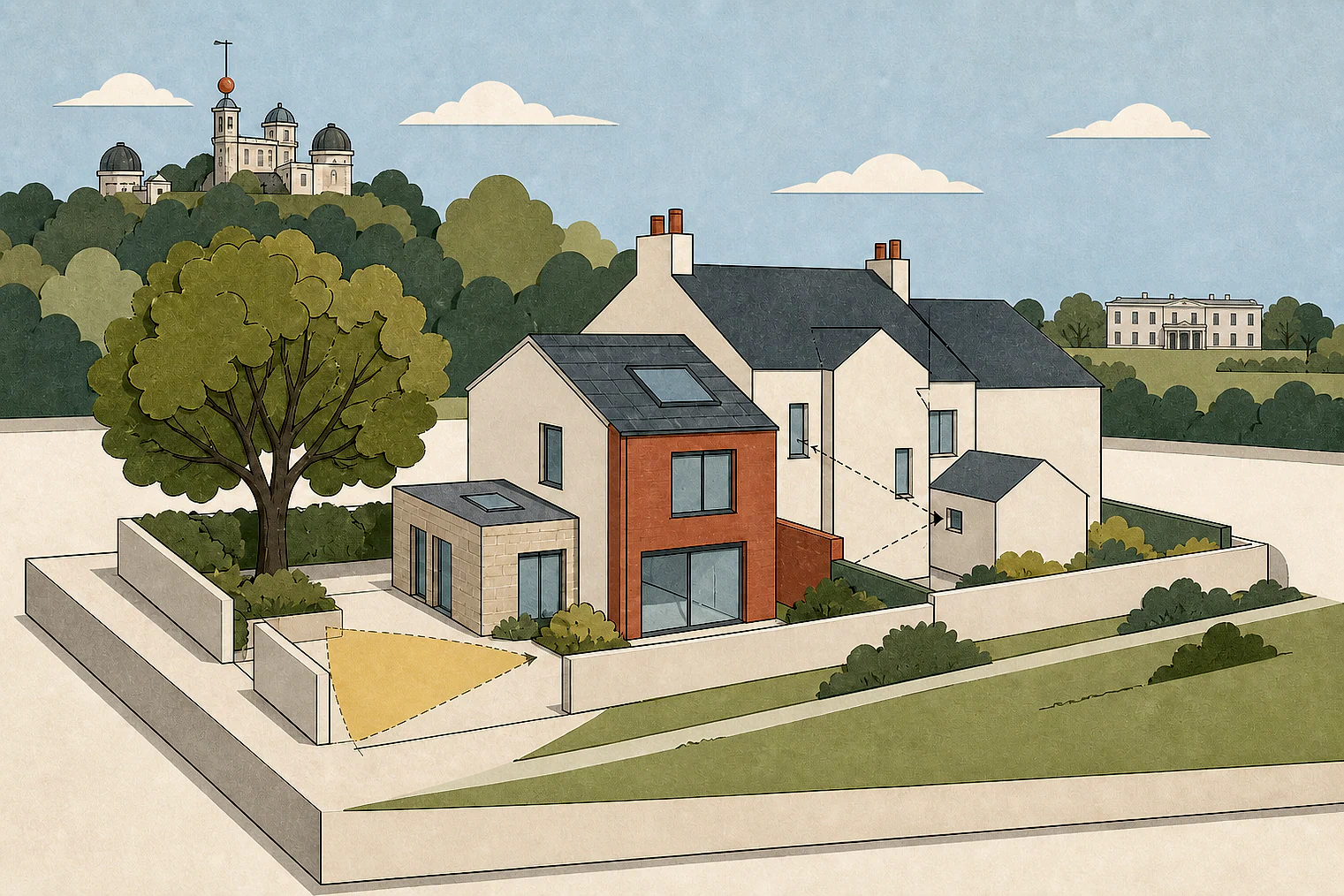 Cut-paper planning illustration for Greenwich, showing extensions, neighbours, access and open land near simplified local landmarks.