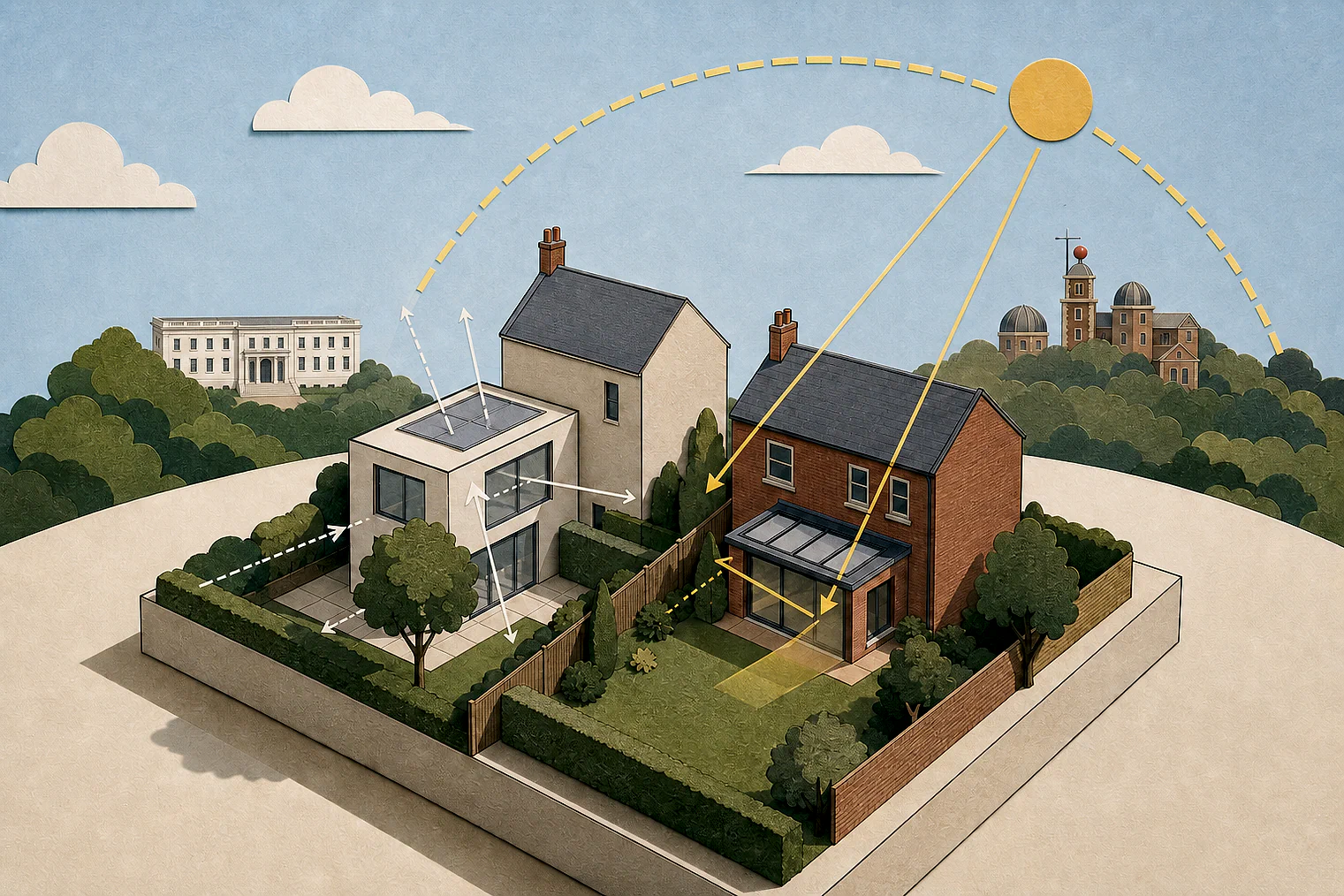 Cut-paper illustration of an imaginary privacy, daylight and neighbour living conditions planning issue in Greenwich, with simplified local landmarks.