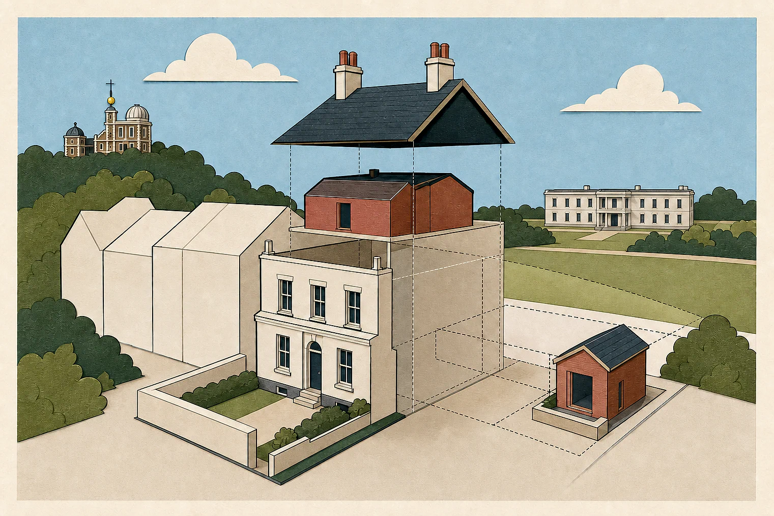 Cut-paper illustration of an imaginary permitted development dimensions and building relationships planning issue in Greenwich, with simplified local landmarks.