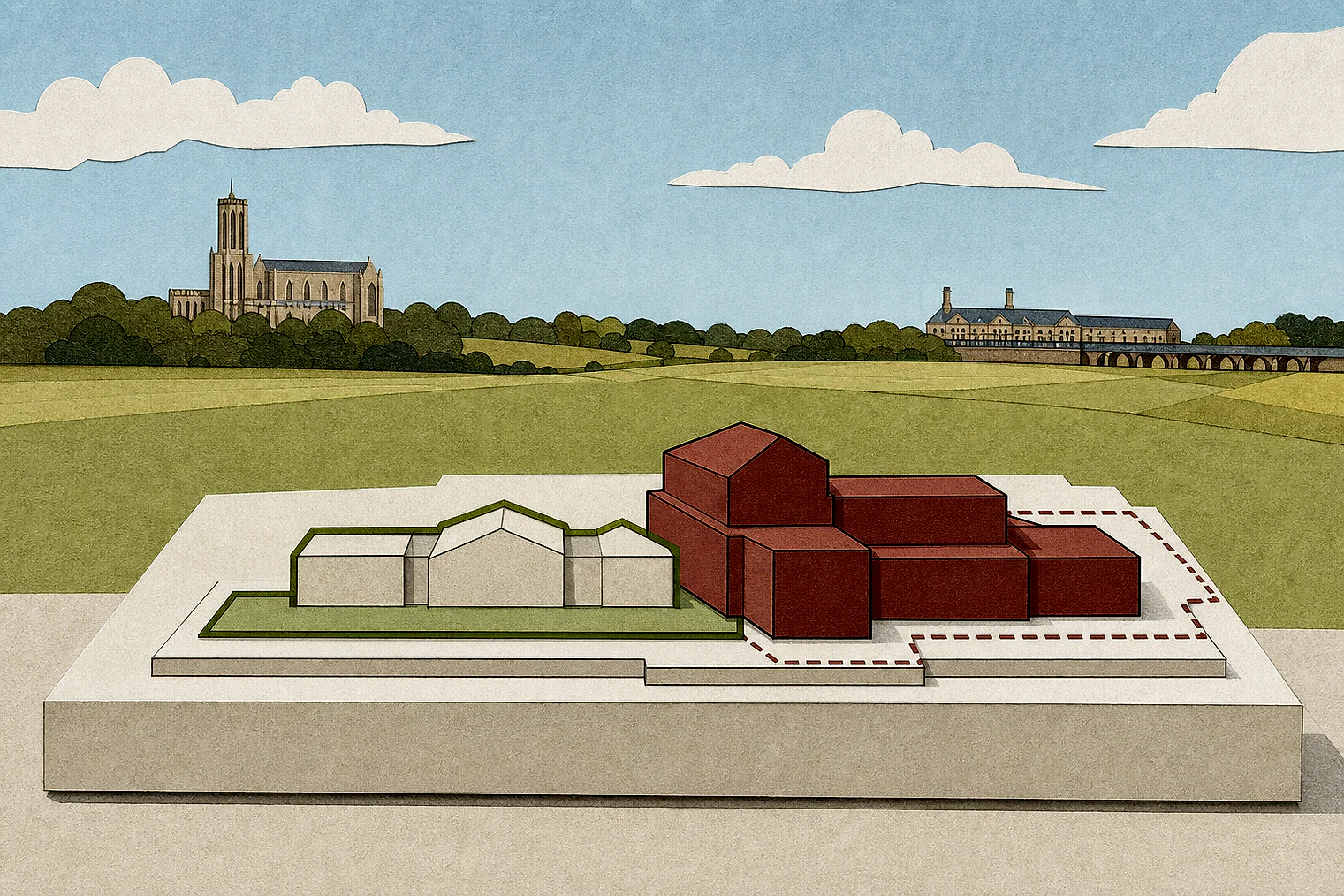 Cut-paper illustration of an imaginary building scale and Green Belt openness planning issue in Guildford, with simplified local landmarks.