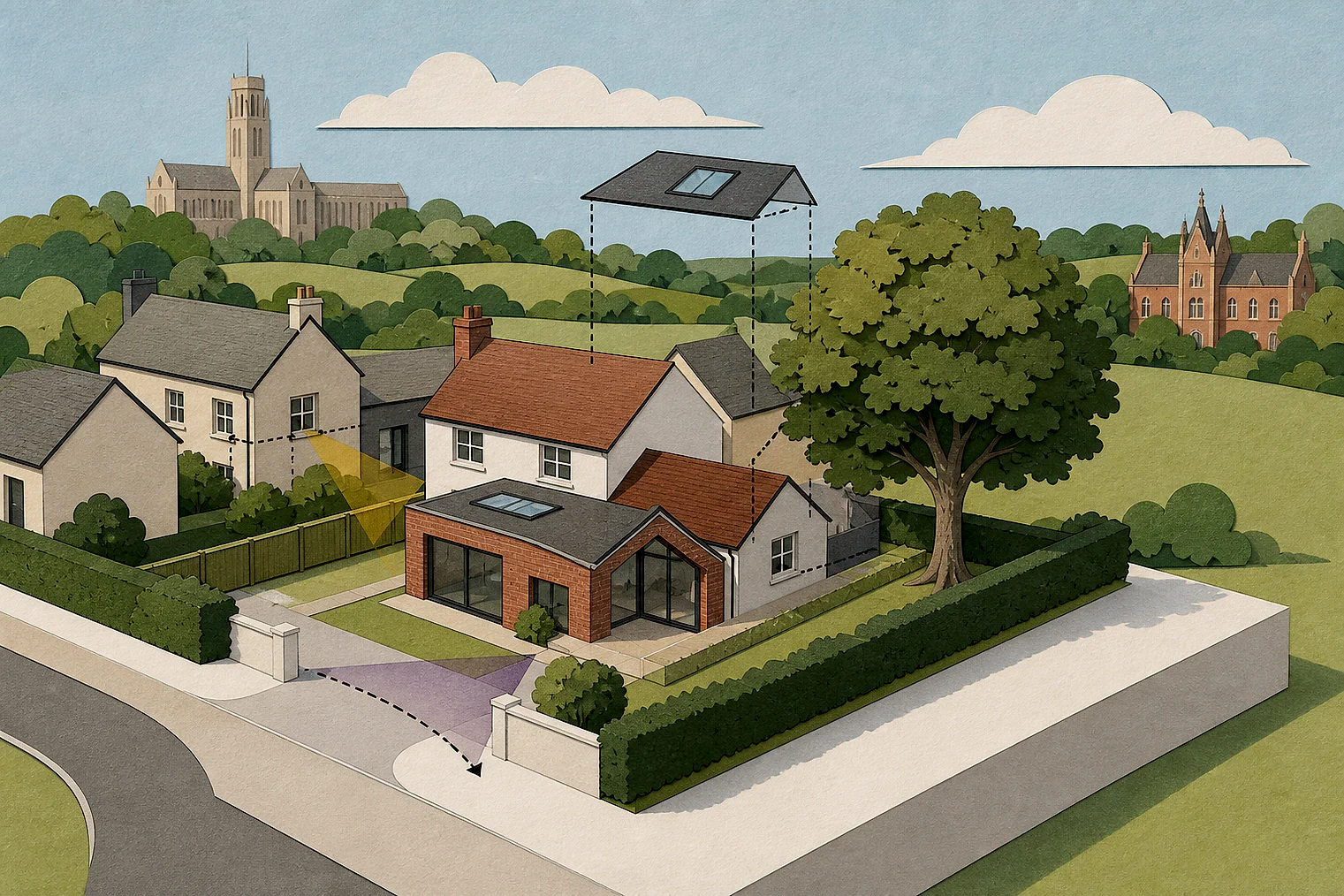 Cut-paper planning illustration for Guildford, showing extensions, neighbours, access and open land near simplified local landmarks.