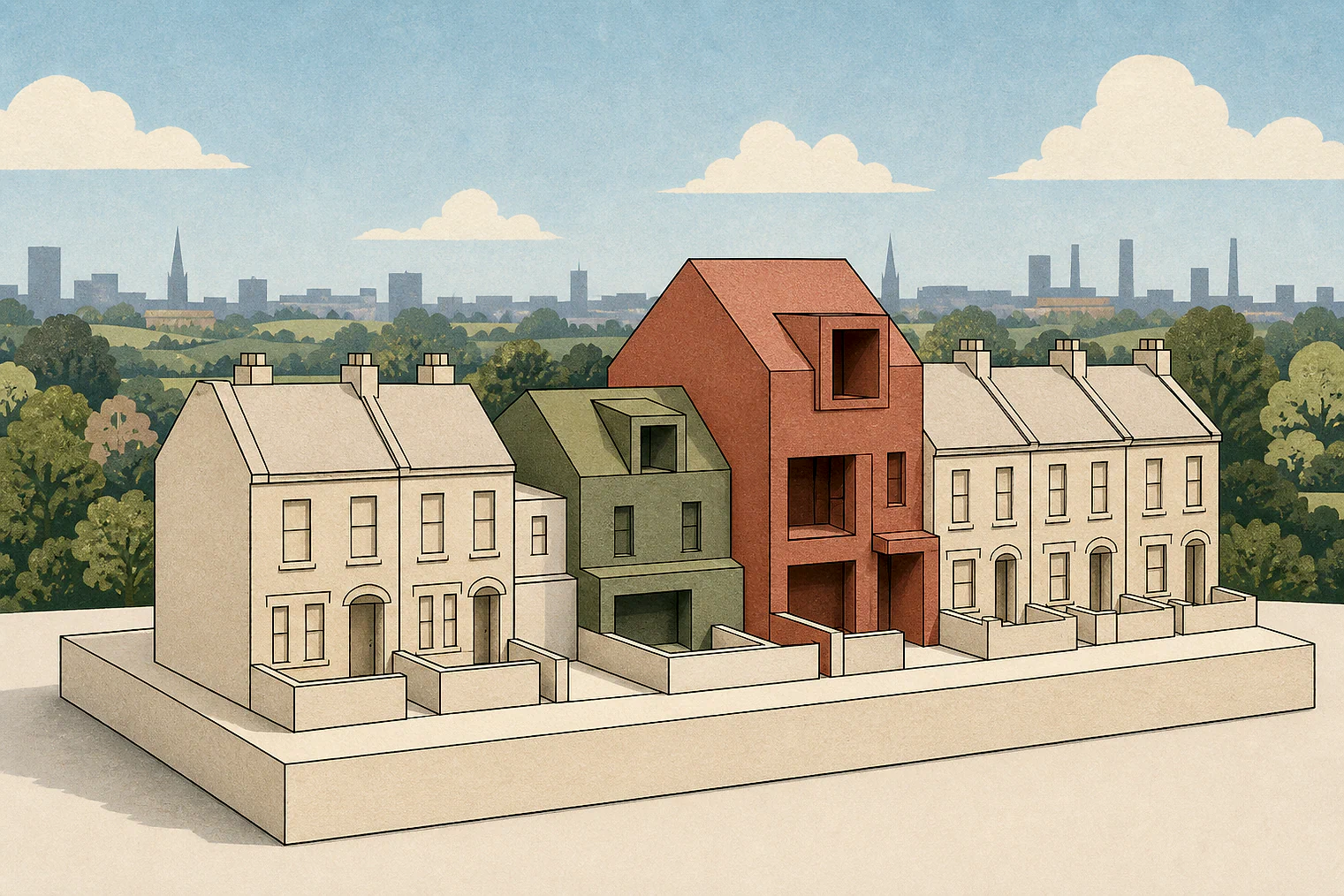 Cut-paper illustration of an imaginary character, scale and appearance planning issue in Hackney.