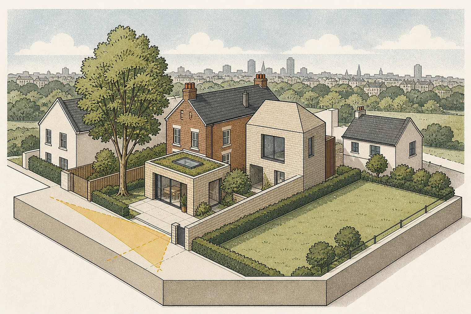 Cut-paper planning illustration for Hackney, showing extensions, neighbours, access and open land.