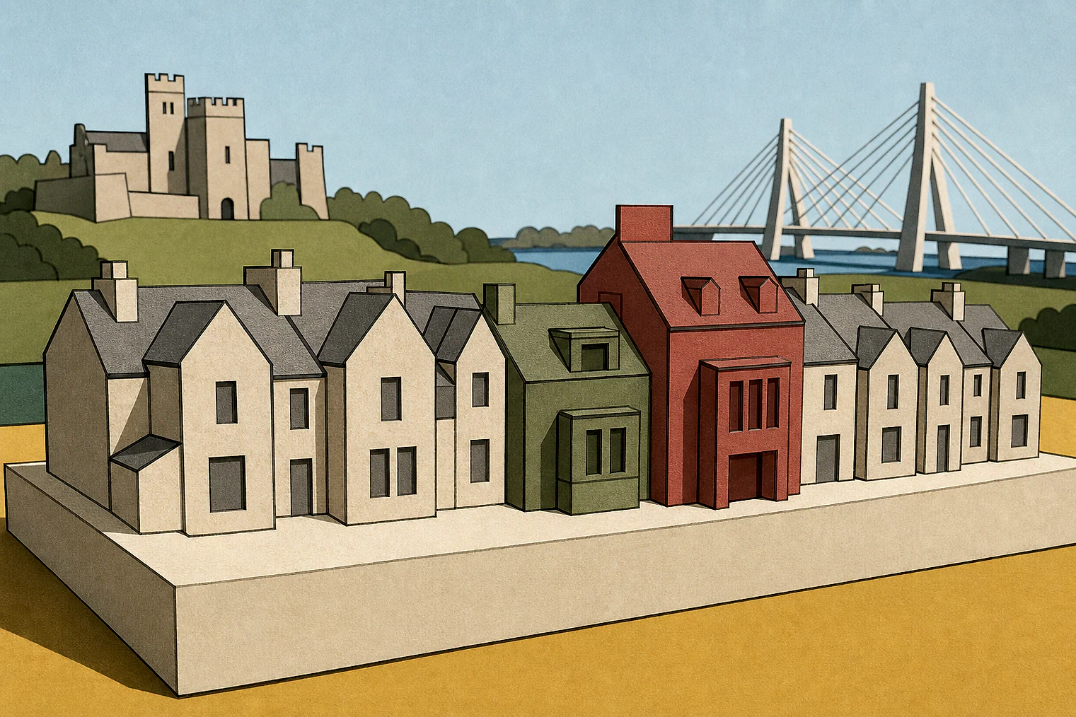 Cut-paper illustration of an imaginary character, scale and appearance planning issue in Halton, with simplified local landmarks.