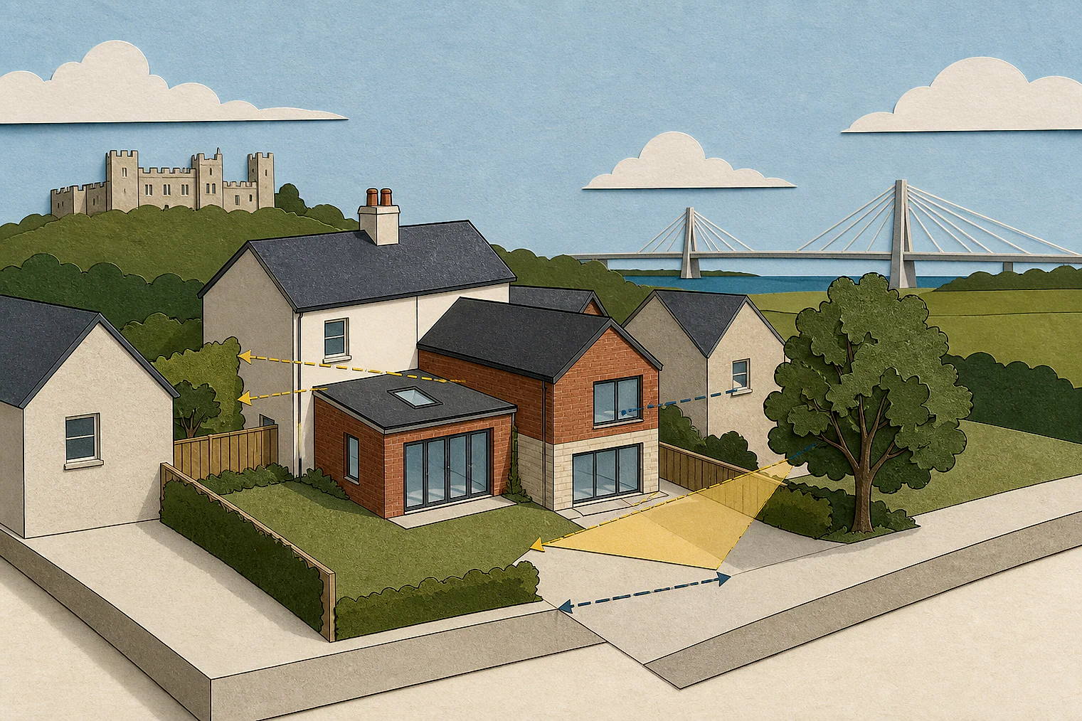 Cut-paper planning illustration for Halton, showing extensions, neighbours, access and open land near simplified local landmarks.