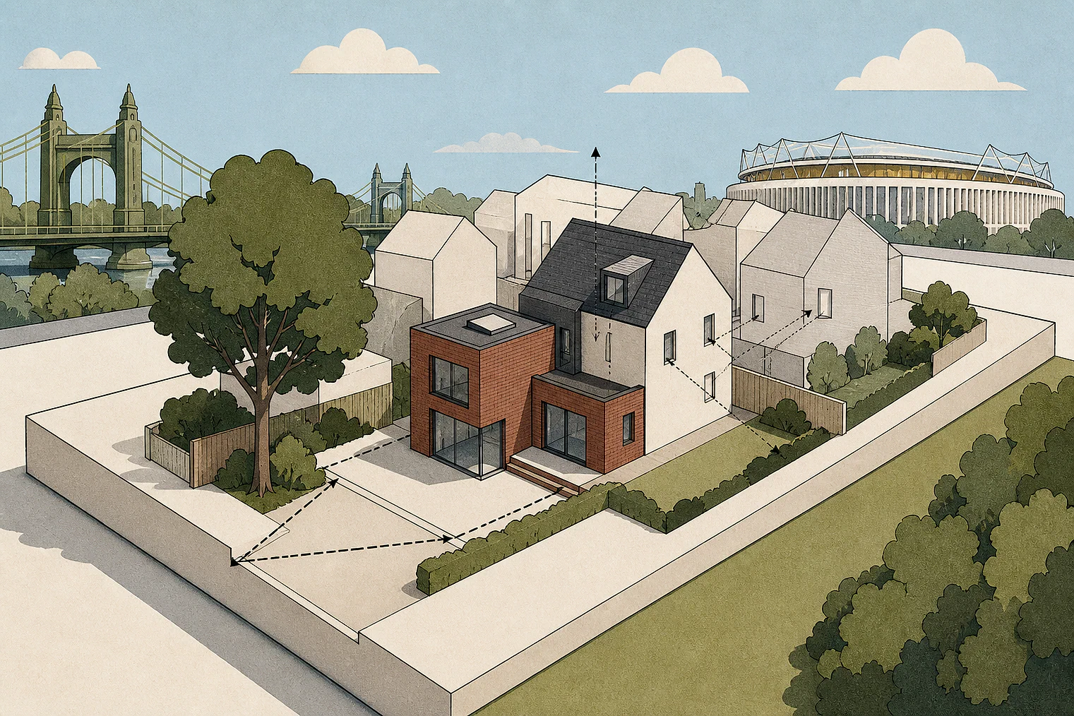 Cut-paper planning illustration for Hammersmith & Fulham, showing extensions, neighbours, access and open land near simplified local landmarks.