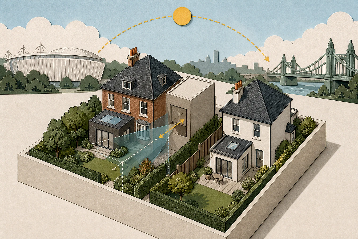 Cut-paper illustration of an imaginary privacy, daylight and neighbour living conditions planning issue in Hammersmith & Fulham, with simplified local landmarks.