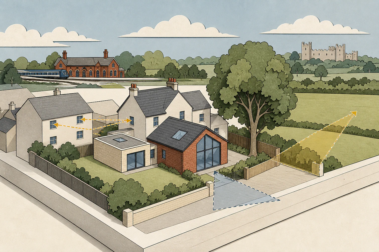 Cut-paper planning illustration for Harborough, showing extensions, neighbours, access and open land near simplified local landmarks.