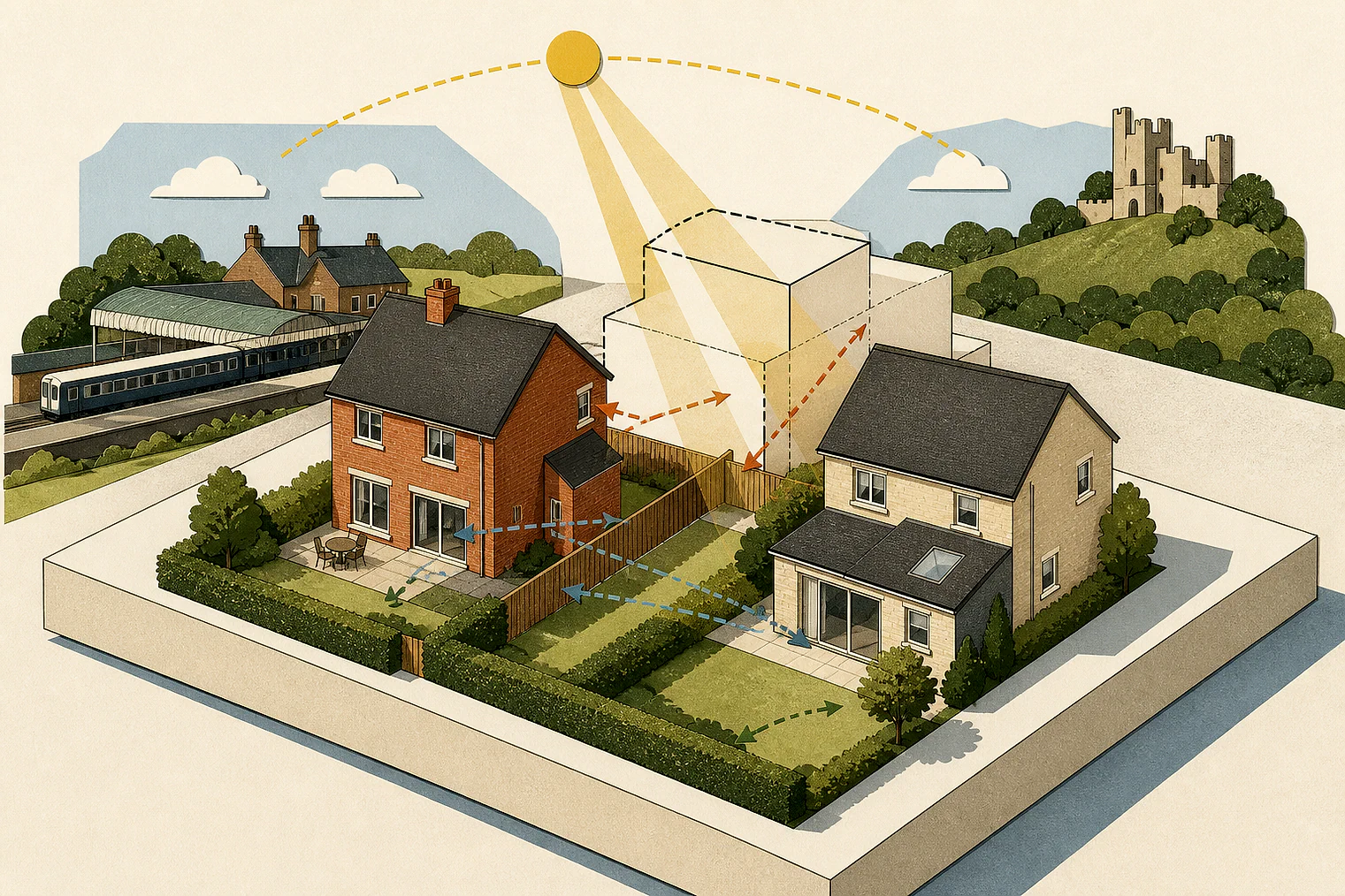Cut-paper illustration of an imaginary privacy, daylight and neighbour living conditions planning issue in Harborough, with simplified local landmarks.