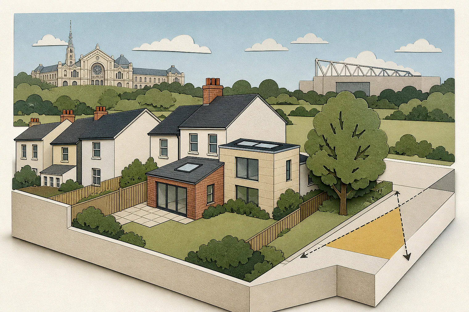 Cut-paper planning illustration for Haringey, showing extensions, neighbours, access and open land near simplified local landmarks.