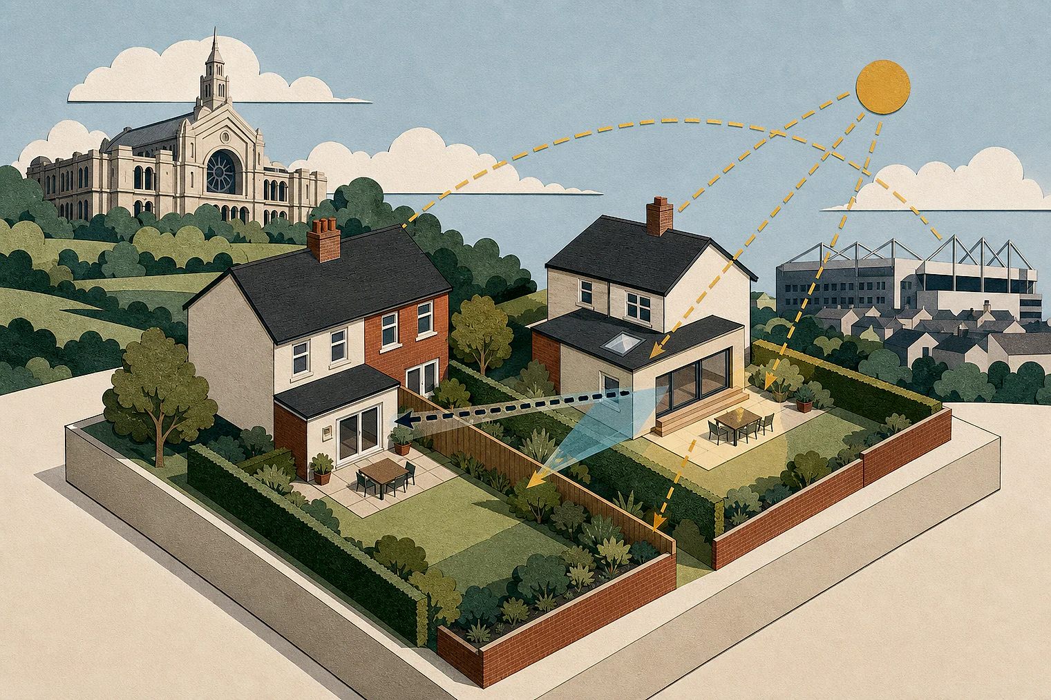 Cut-paper illustration of an imaginary privacy, daylight and neighbour living conditions planning issue in Haringey, with simplified local landmarks.