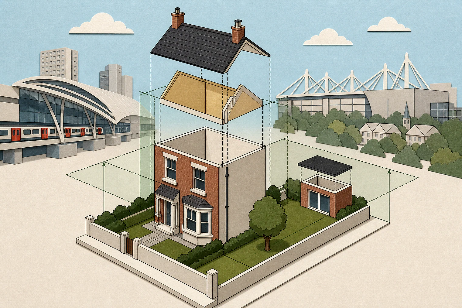 Cut-paper illustration of an imaginary permitted development dimensions and building relationships planning issue in Haringey, with simplified local landmarks.