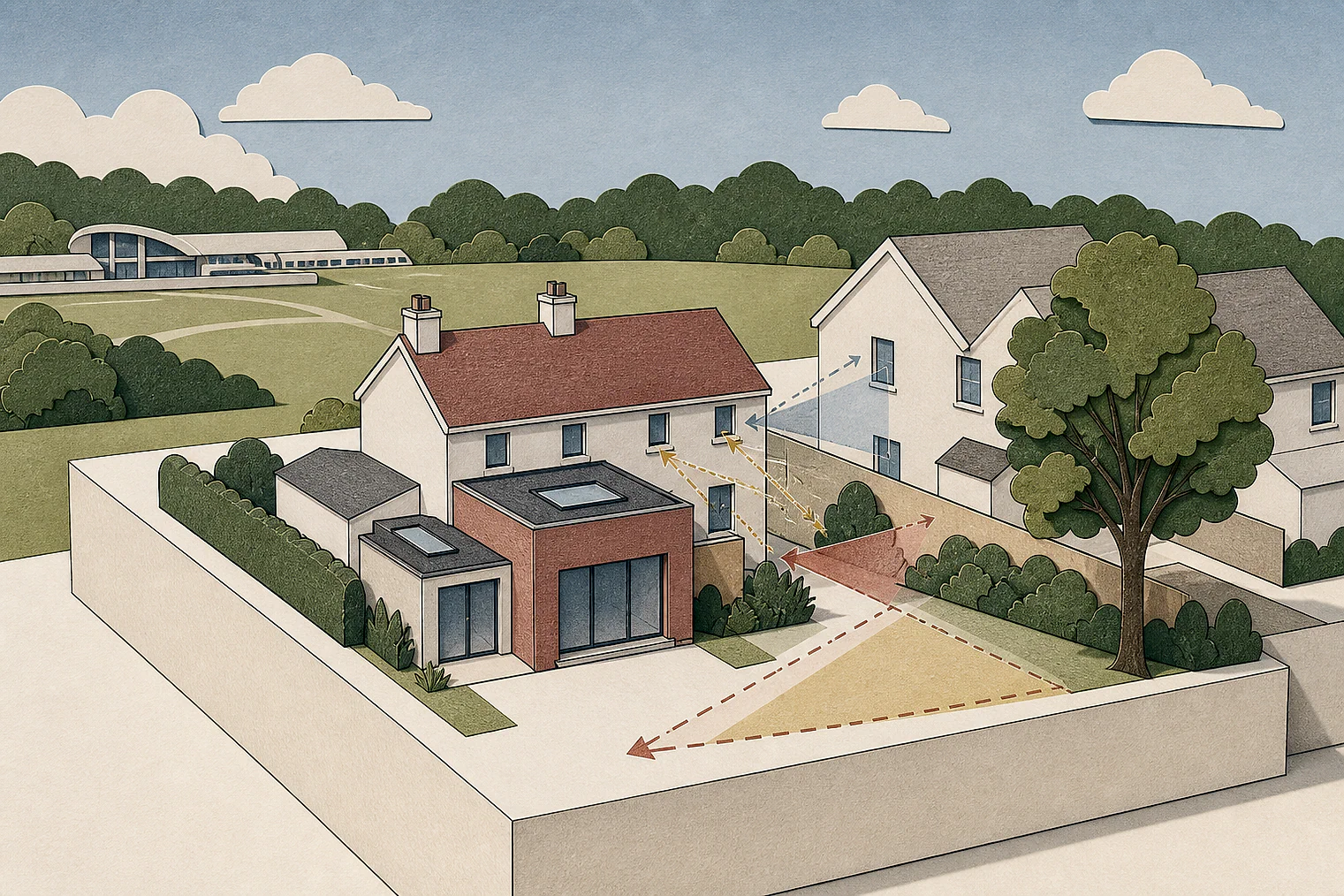 Cut-paper planning illustration for Harlow, showing extensions, neighbours, access and open land near simplified local landmarks.