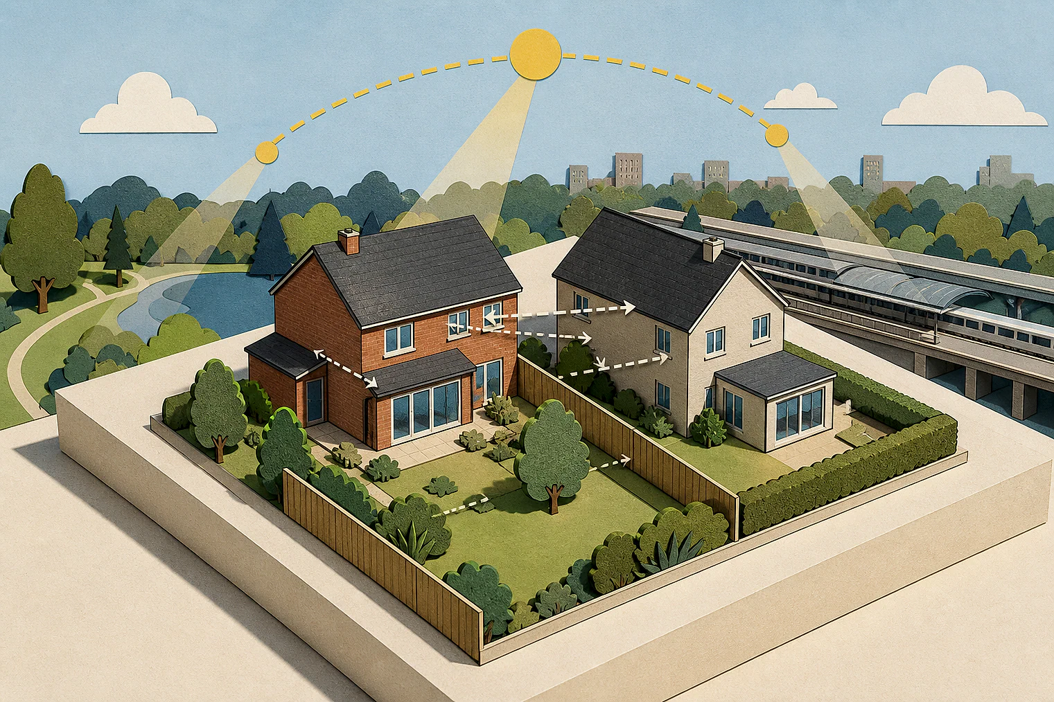 Cut-paper illustration of an imaginary privacy, daylight and neighbour living conditions planning issue in Harlow, with simplified local landmarks.