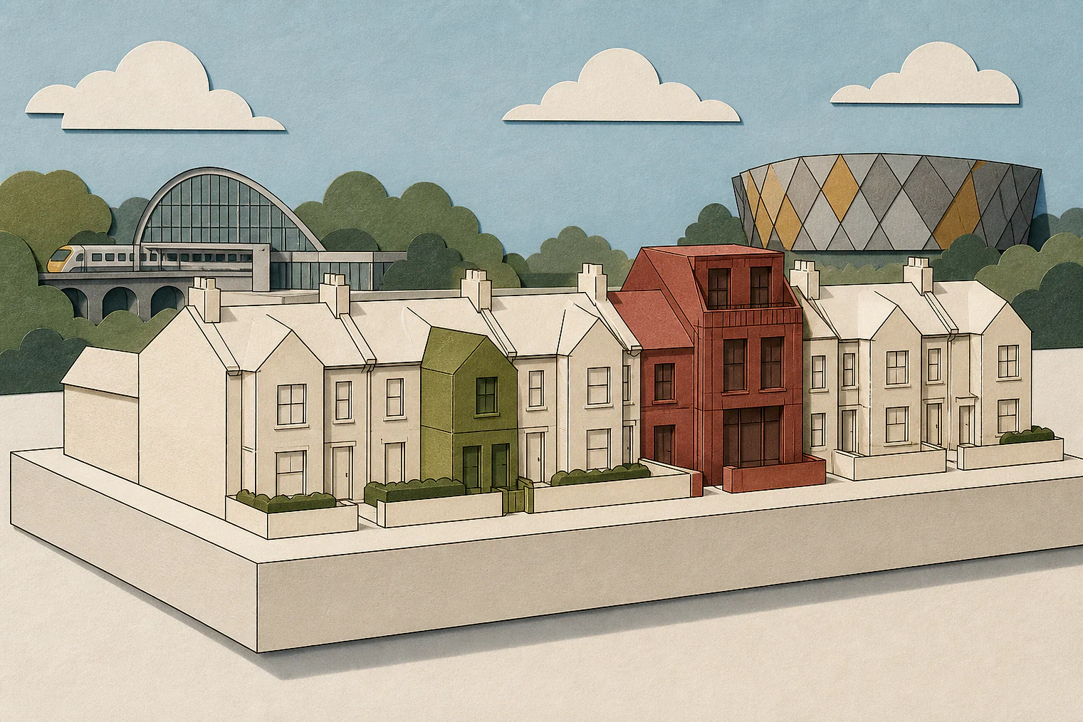 Cut-paper illustration of an imaginary character, scale and appearance planning issue in Harrow, with simplified local landmarks.