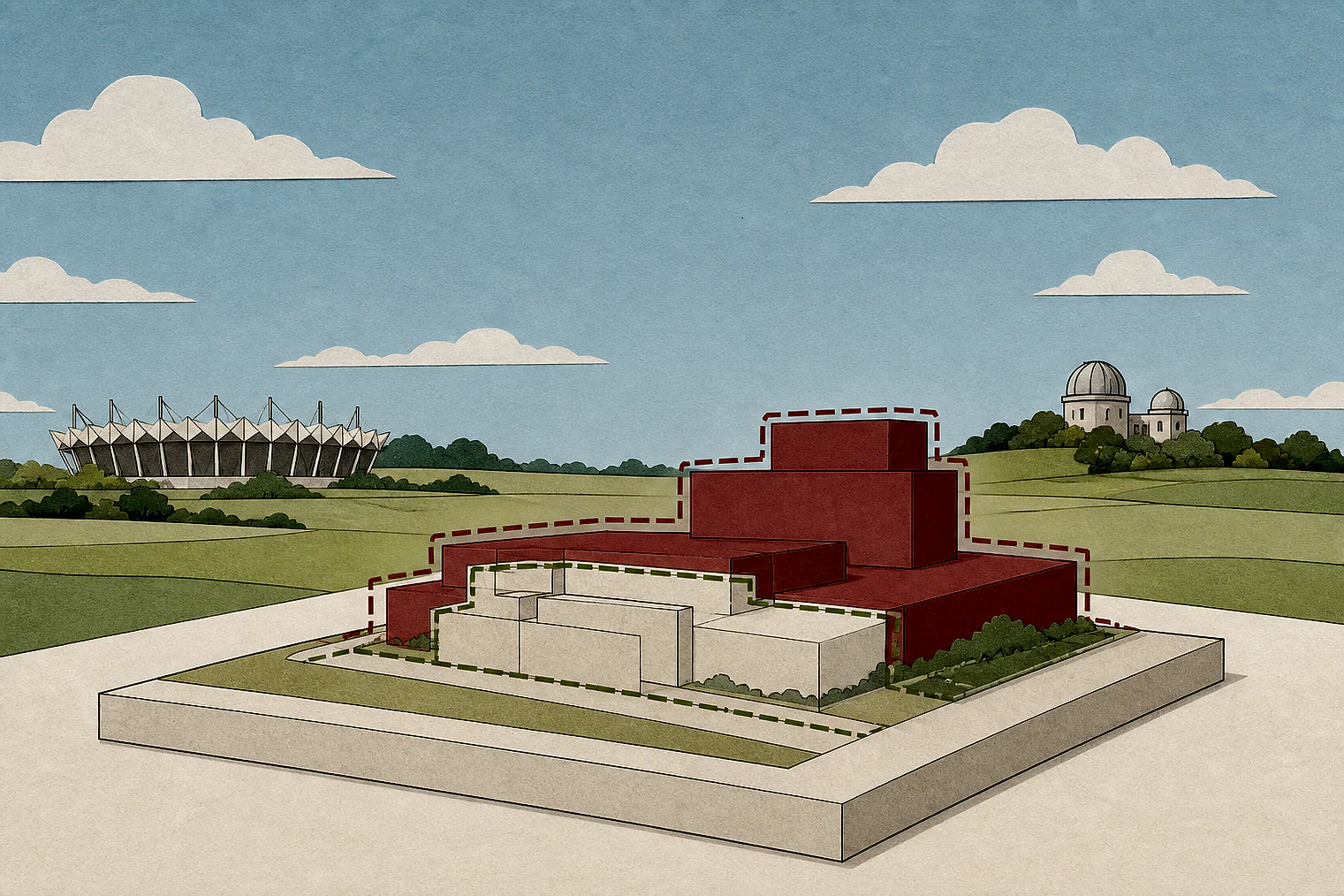 Cut-paper illustration of an imaginary building scale and Green Belt openness planning issue in Harrow, with simplified local landmarks.