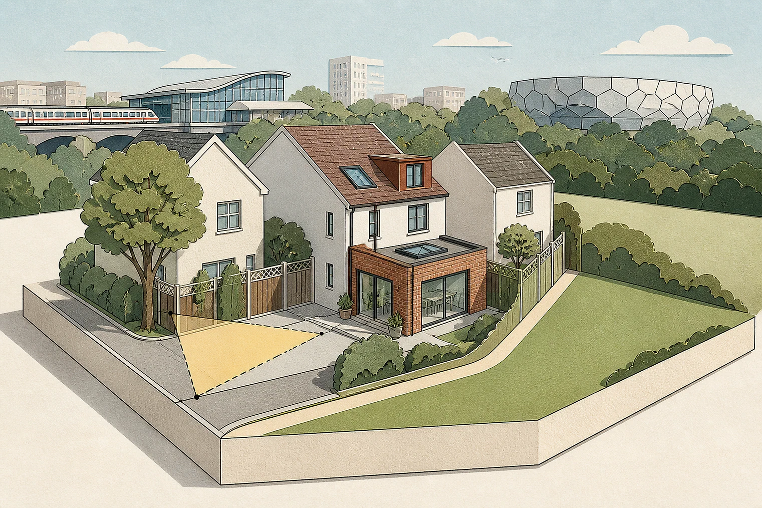 Cut-paper planning illustration for Harrow, showing extensions, neighbours, access and open land near simplified local landmarks.