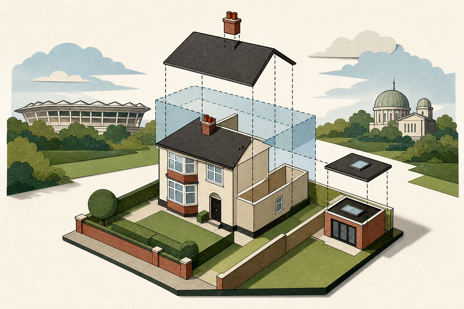 Cut-paper illustration of an imaginary permitted development dimensions and building relationships planning issue in Harrow, with simplified local landmarks.