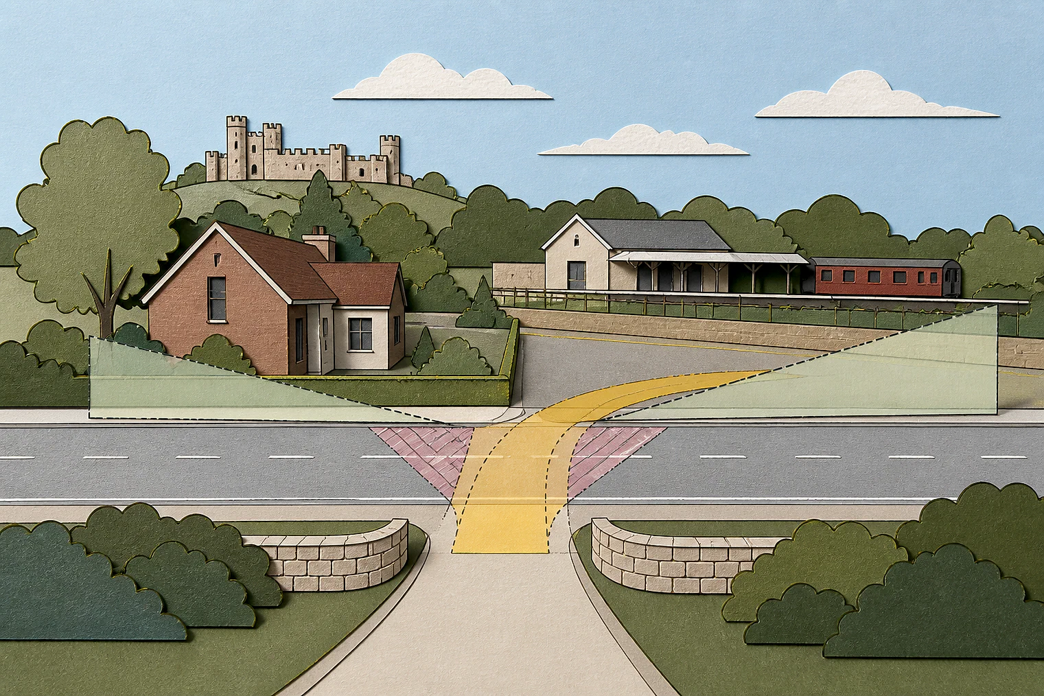 Cut-paper illustration of an imaginary access, visibility and highway safety planning issue in Hart, with simplified local landmarks.