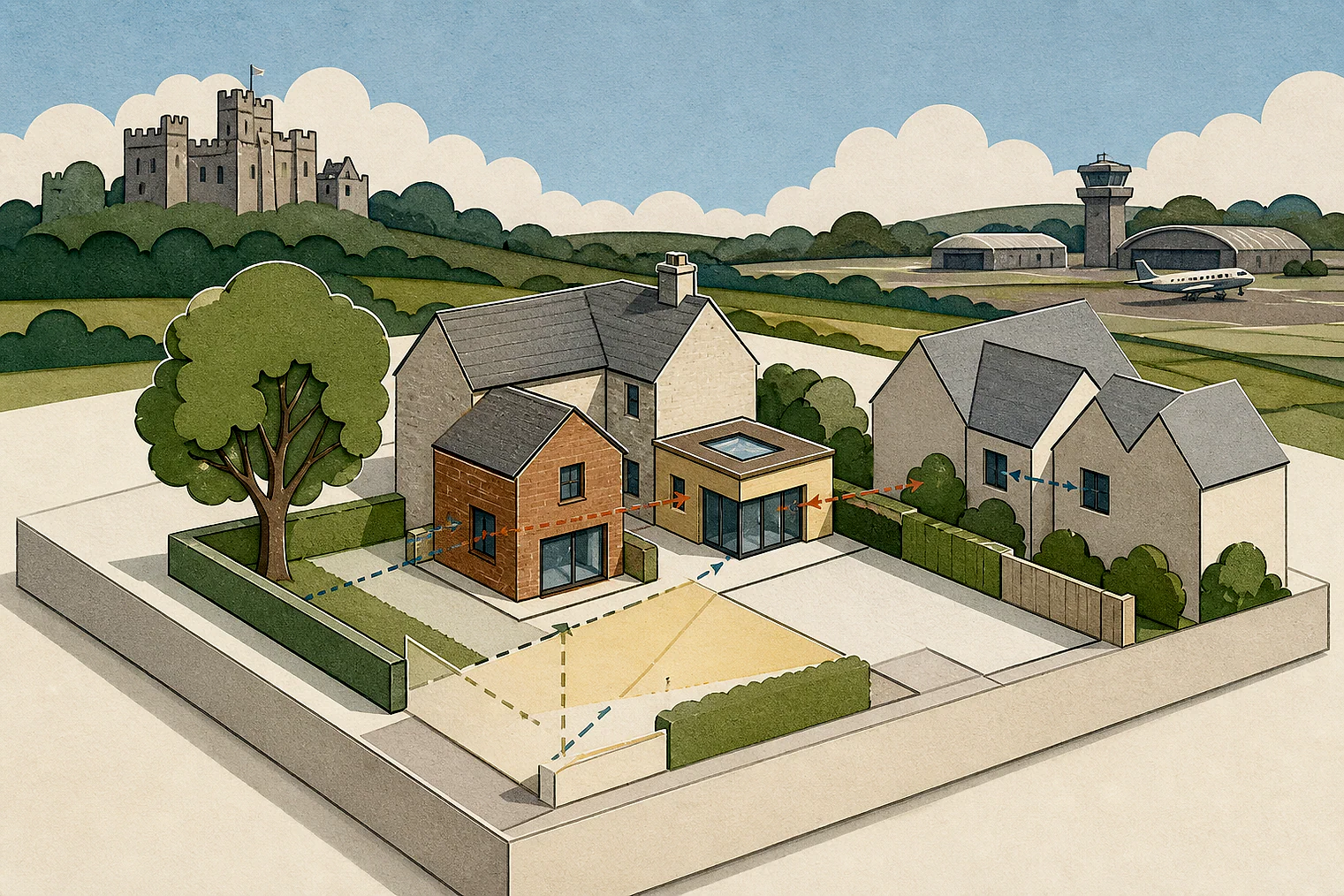 Cut-paper planning illustration for Hart, showing extensions, neighbours, access and open land near simplified local landmarks.