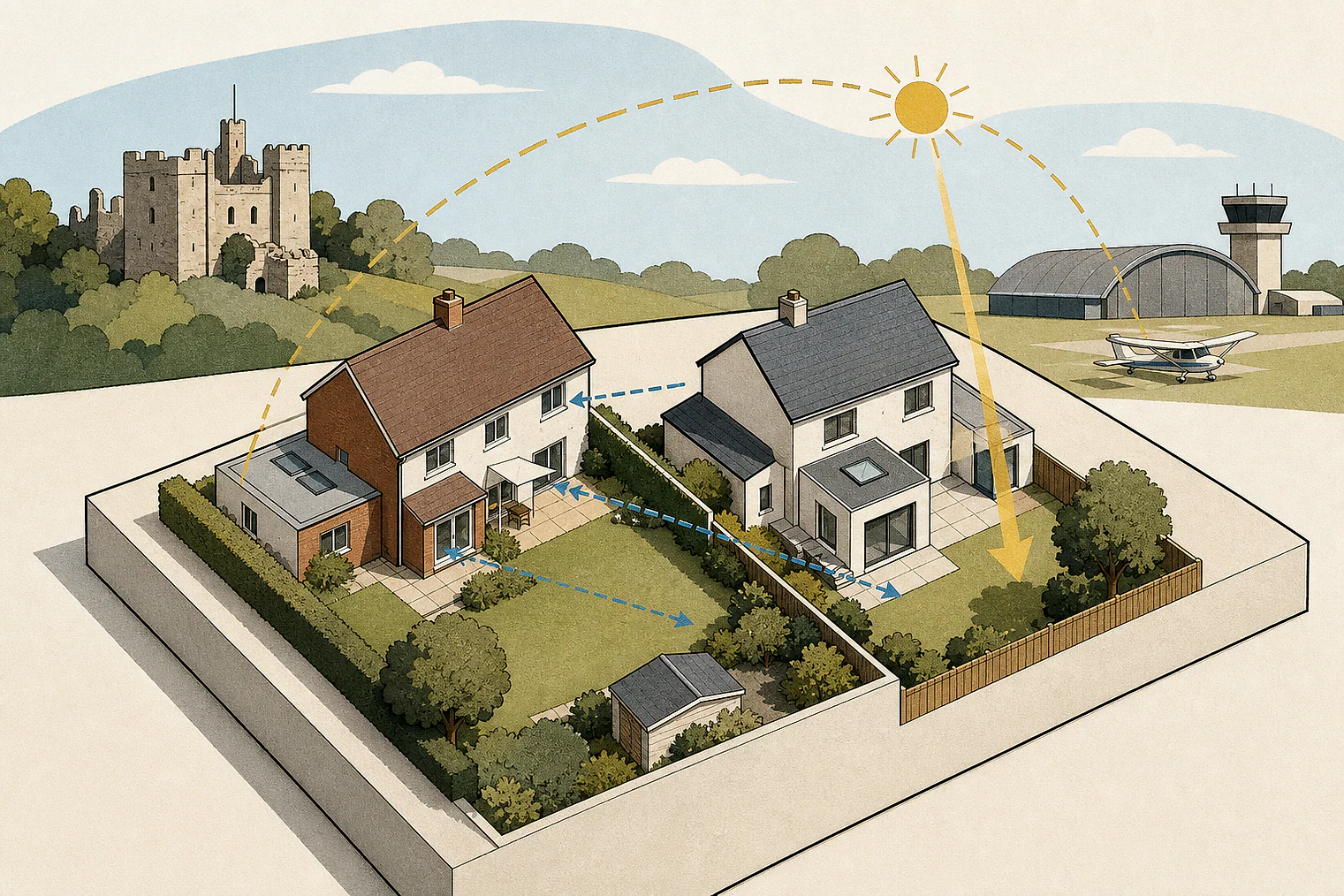 Cut-paper illustration of an imaginary privacy, daylight and neighbour living conditions planning issue in Hart, with simplified local landmarks.