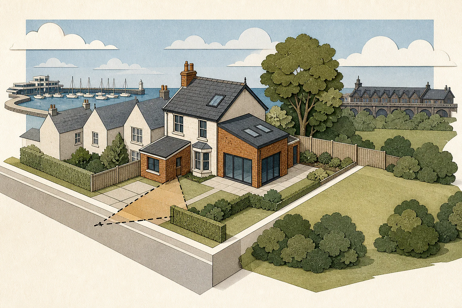 Cut-paper planning illustration for Hartlepool, showing extensions, neighbours, access and open land near simplified local landmarks.