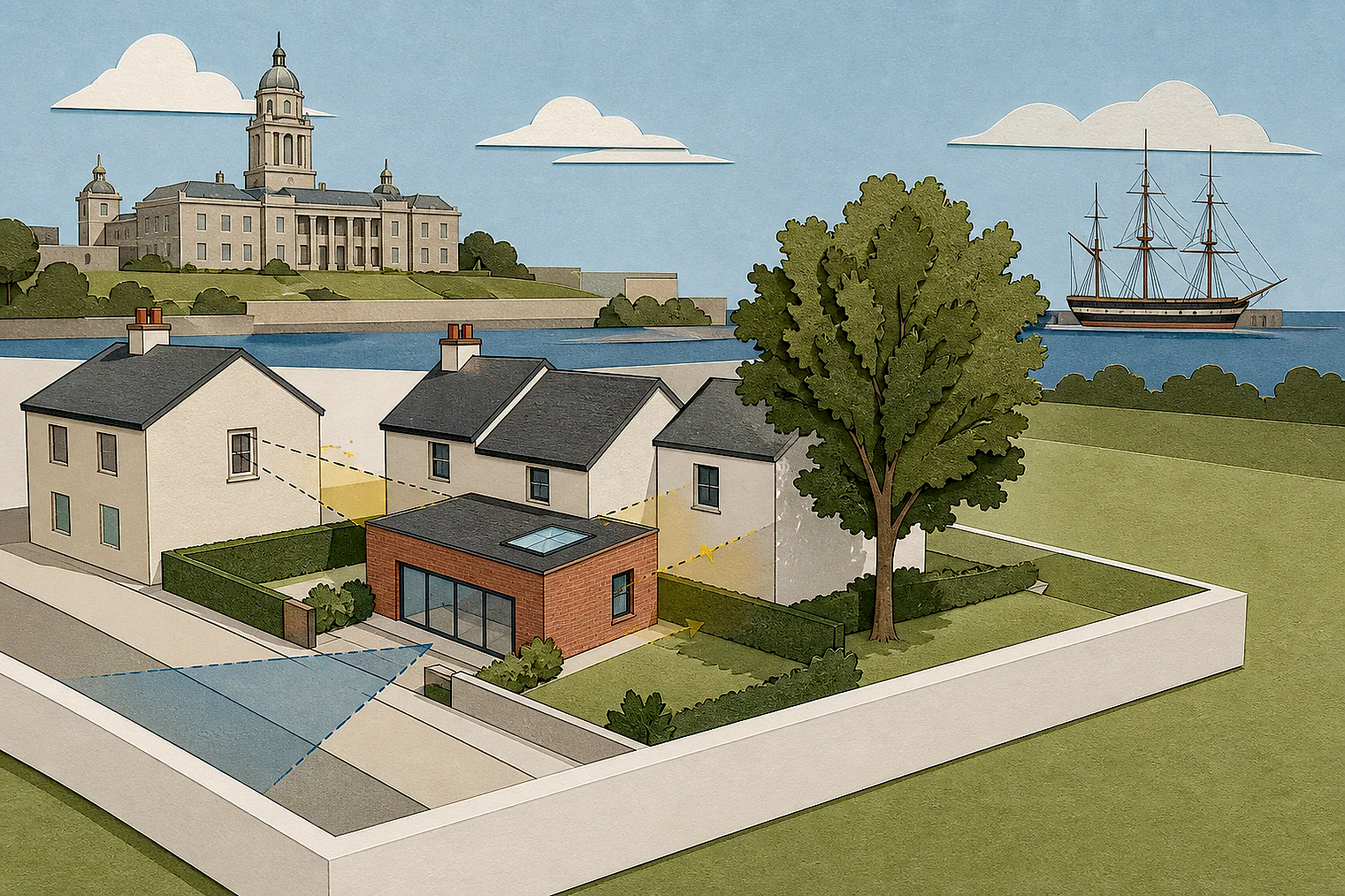 Cut-paper planning illustration for Hartlepool, showing extensions, neighbours, access and open land near simplified local landmarks.