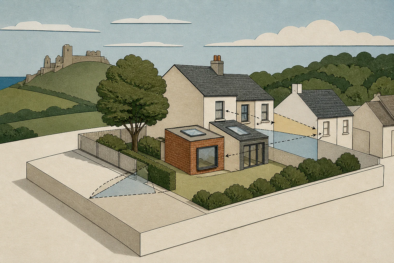 Cut-paper planning illustration for Hastings, showing extensions, neighbours, access and open land near simplified local landmarks.