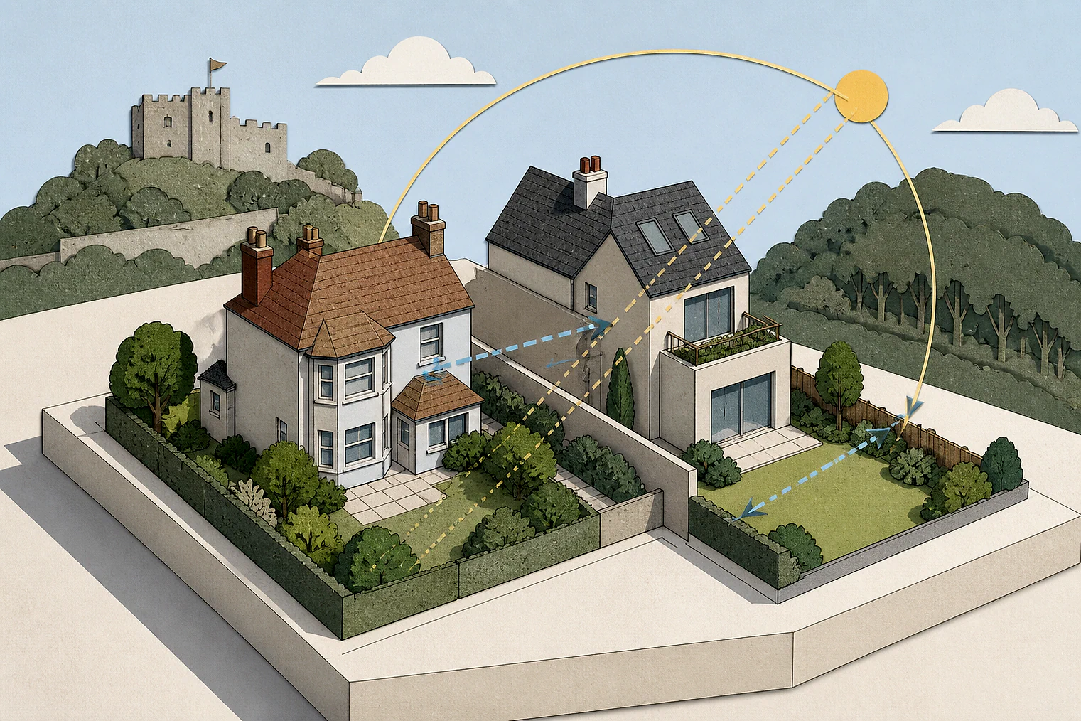 Cut-paper illustration of an imaginary privacy, daylight and neighbour living conditions planning issue in Hastings, with simplified local landmarks.