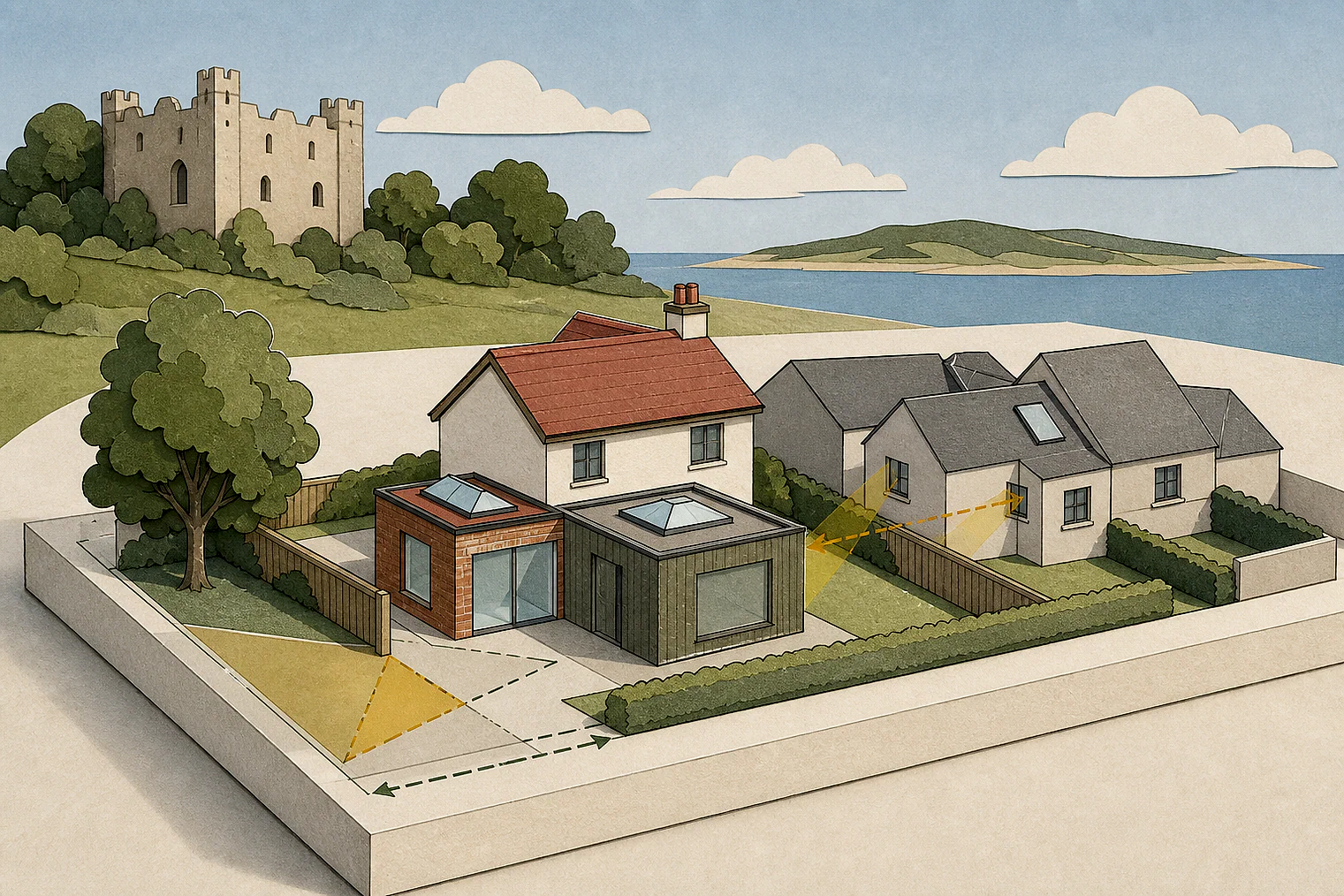 Cut-paper planning illustration for Havant, showing extensions, neighbours, access and open land near simplified local landmarks.