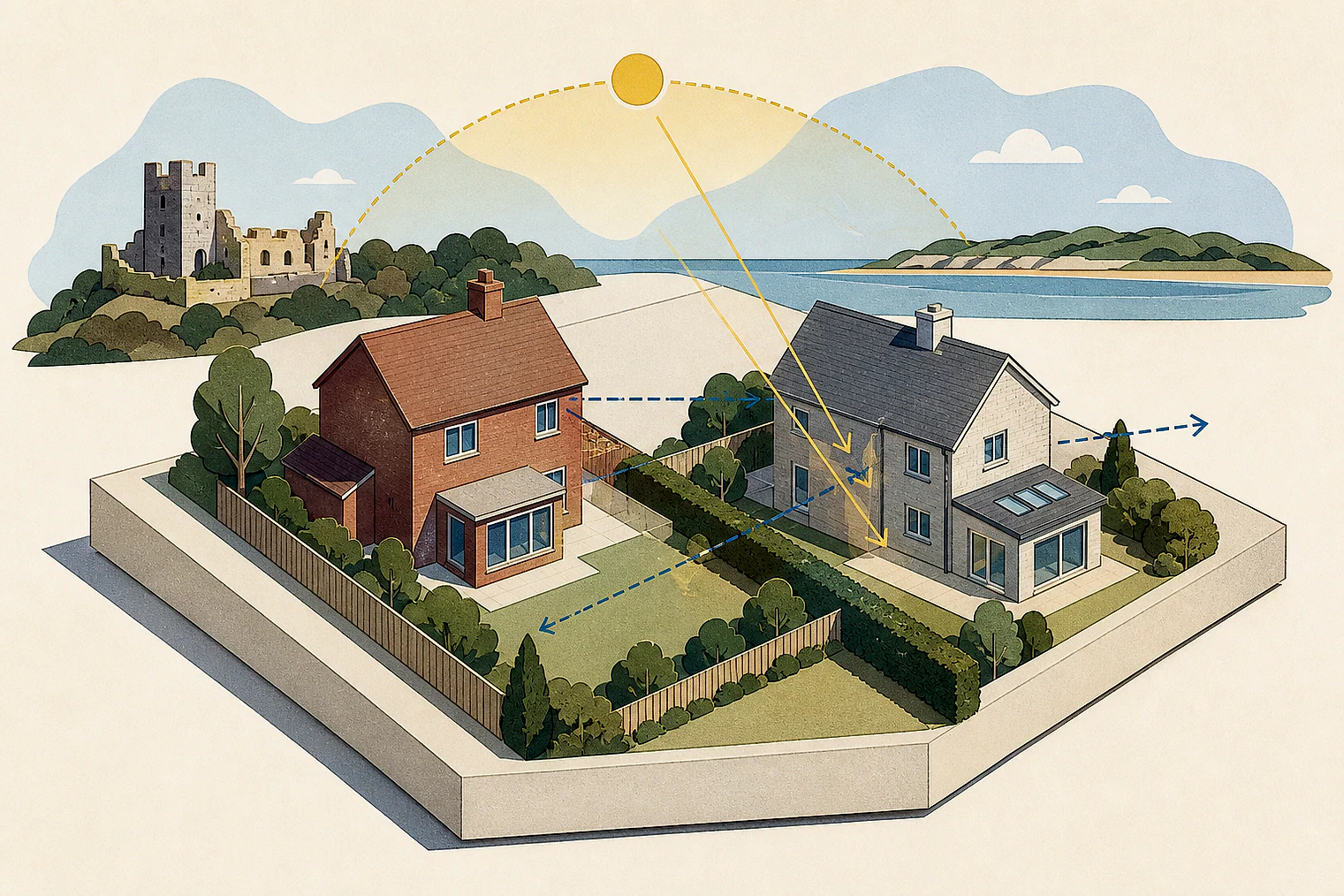 Cut-paper illustration of an imaginary privacy, daylight and neighbour living conditions planning issue in Havant, with simplified local landmarks.