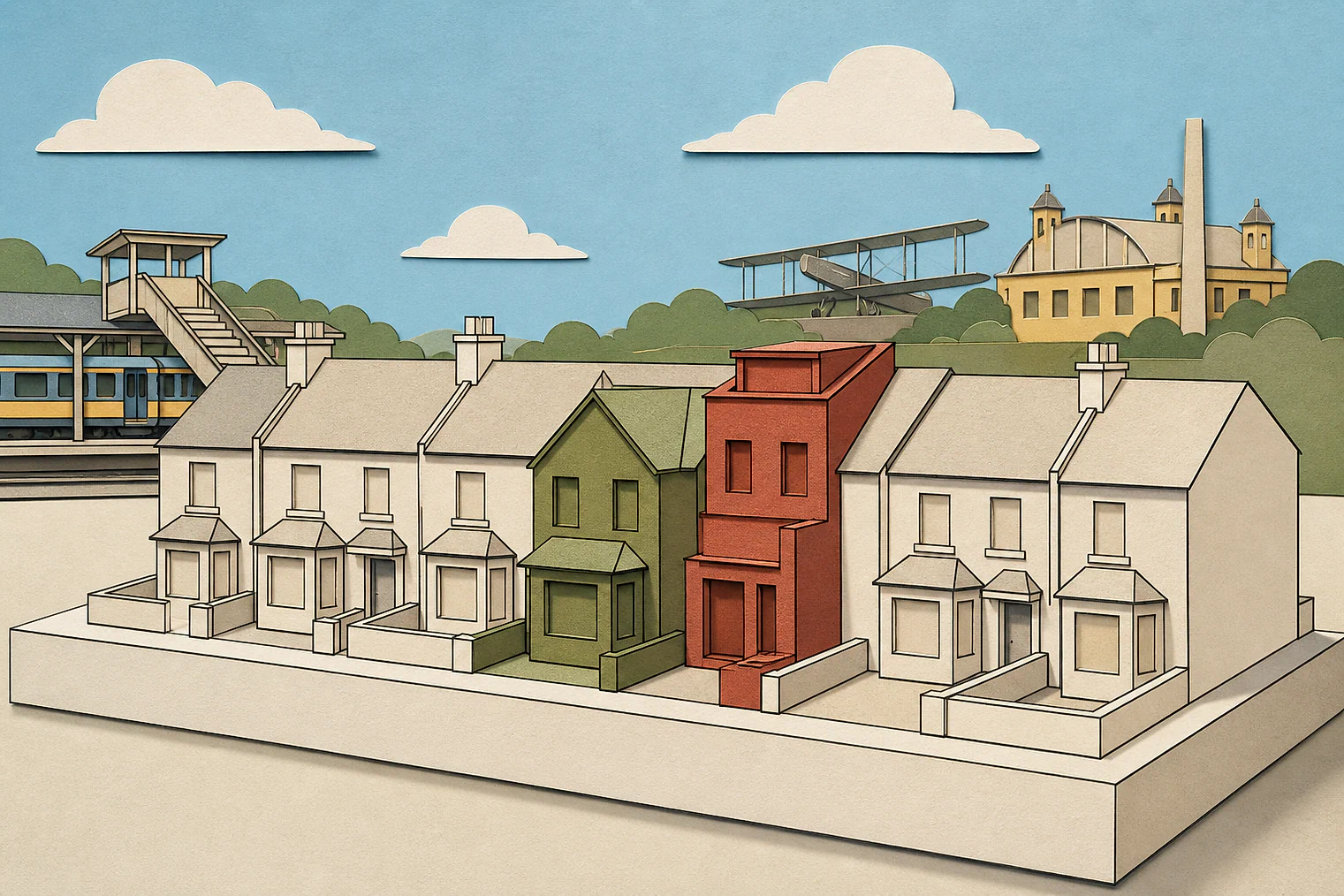 Cut-paper illustration of an imaginary character, scale and appearance planning issue in Havering, with simplified local landmarks.